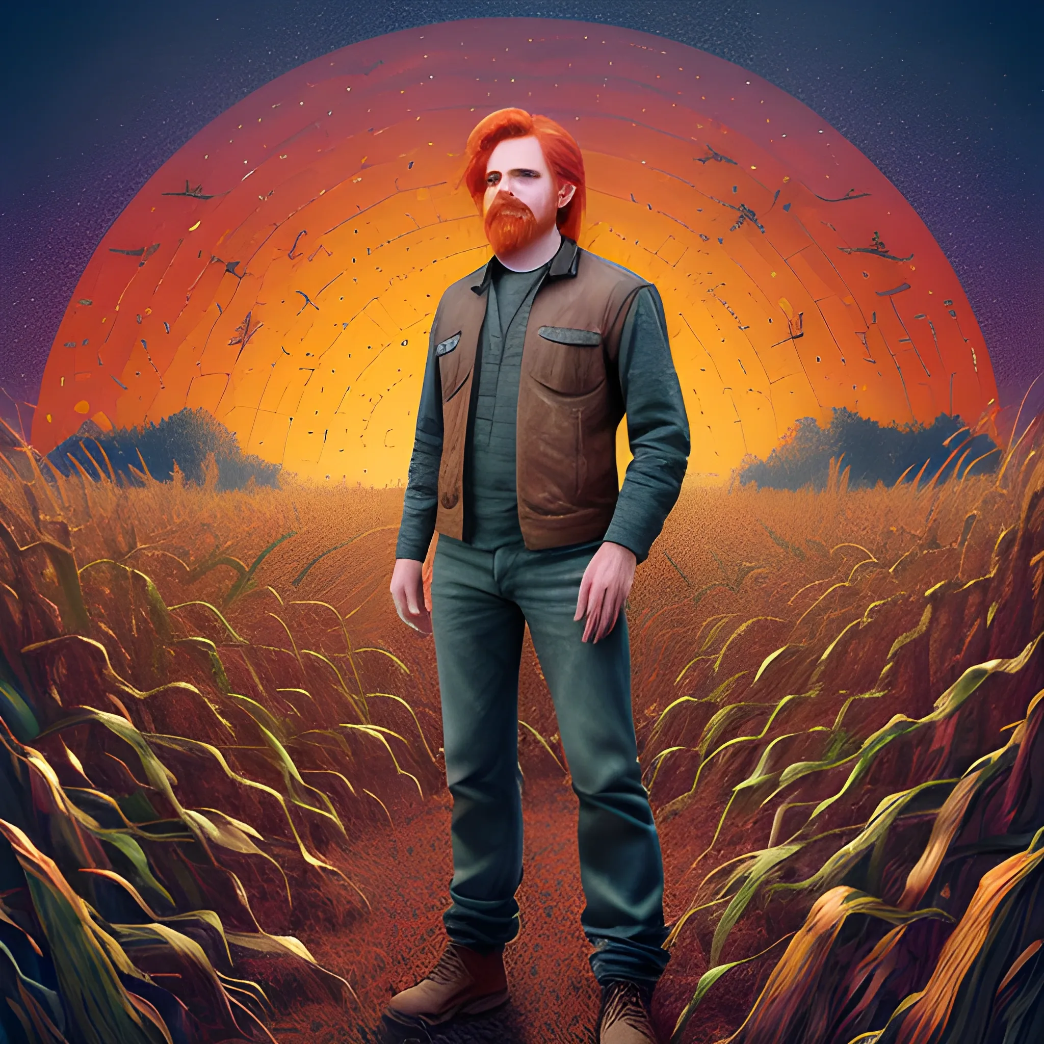 male actor Courtney Gains, his highly detailed handsome face, meticulously detailed multi-hued red hair, hyperdetailed farm clothing, standing in 8 foot tall corn, cornfield, corncobs, nebula sky; by James R. Eads, Fausto-Giurescu, Tania Rivilis, Renata-s-art, Dan Mumford; muted colors, bleak desolation, airbrush, depth of field, volumetric lighting, deep color, underground comix, 3D