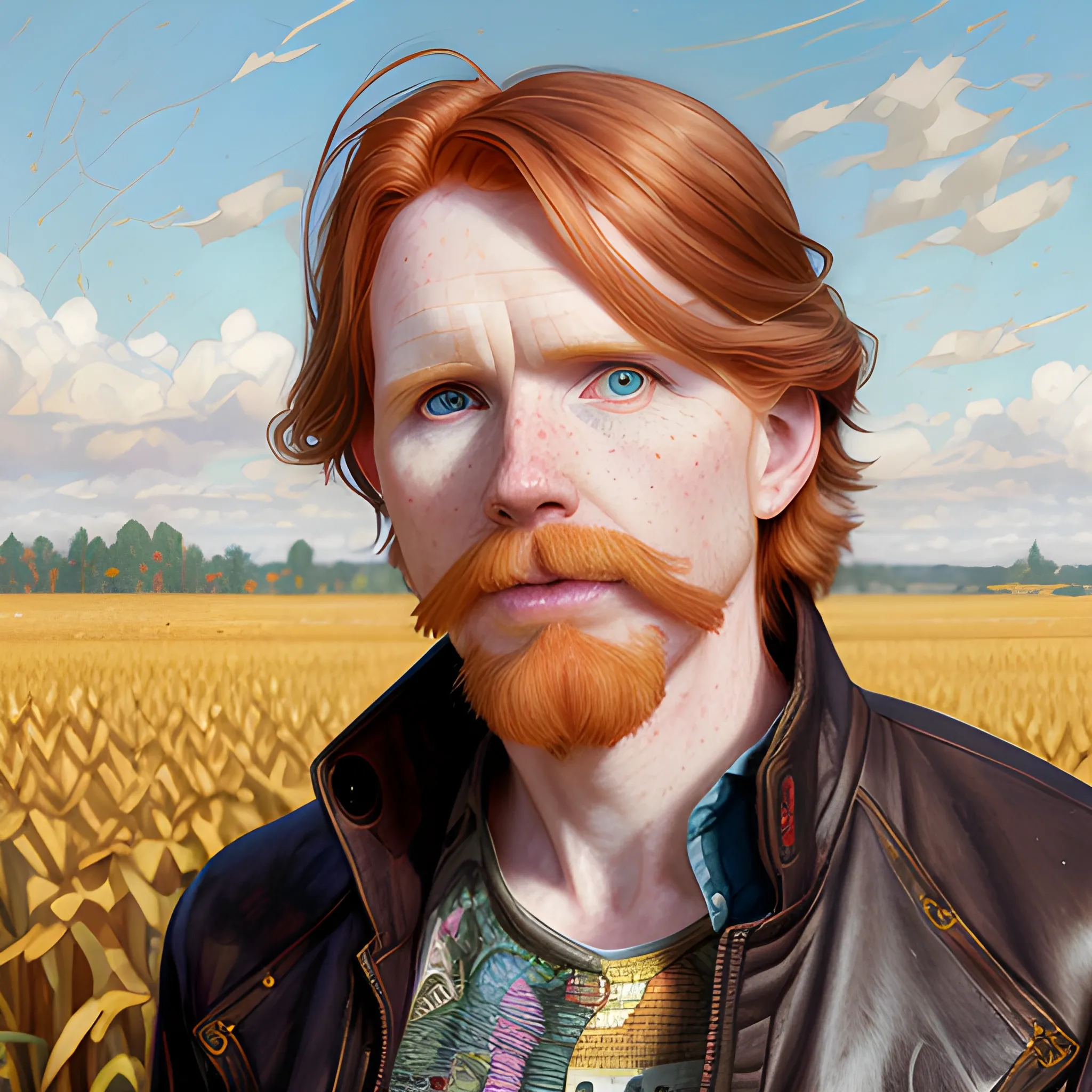 Courtney Gains, at a cornfield, highly detailed softly freckled face, dark red long feathered hair, modern American; by Lisa Frank, Daniel Gerhartz, Phil Noto art, Mucha, Manara; hyper-detailed, hyper-realistic, sharp focus; symmetrical face; textured shading, subtractive lighting, Unreal Engine