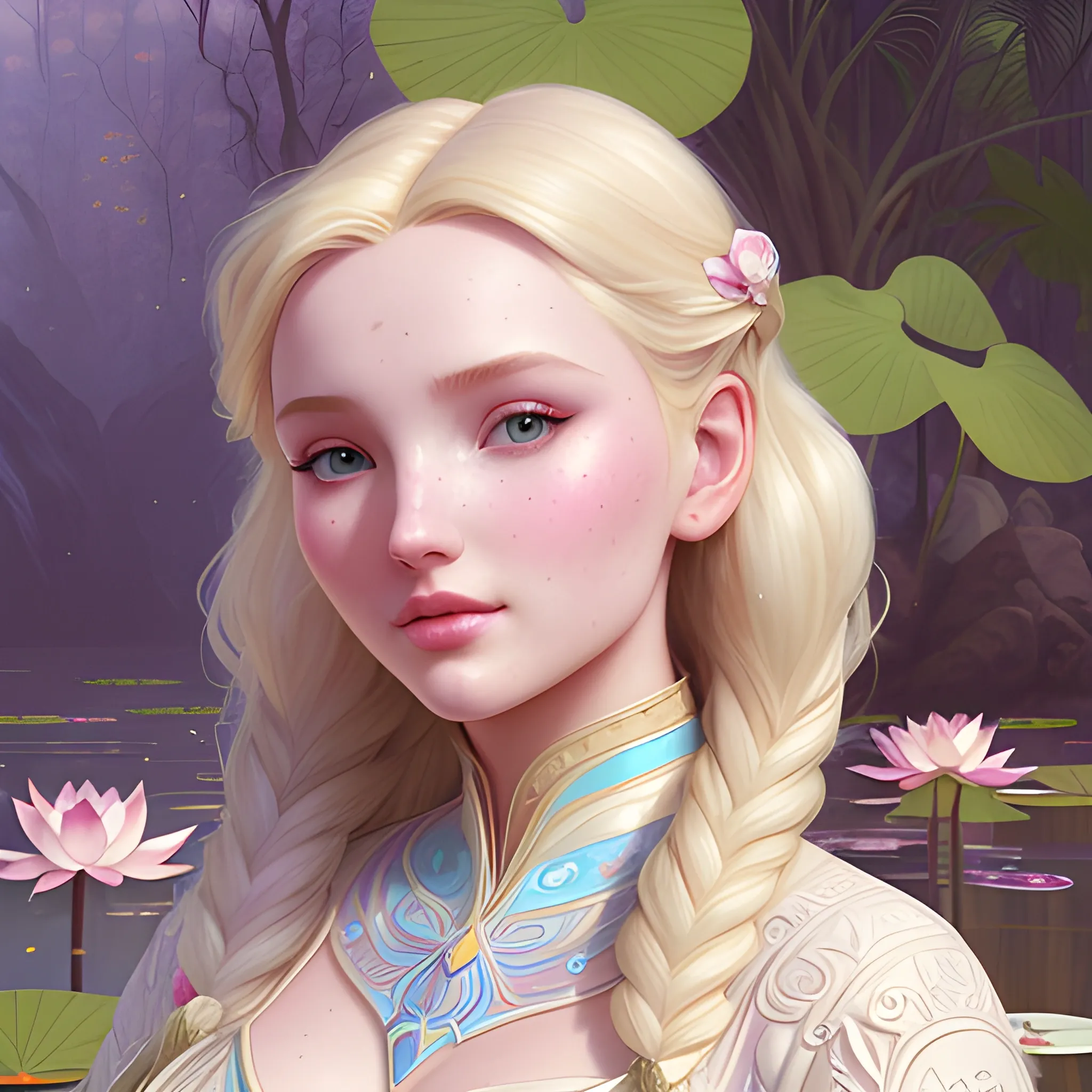 Elsa Hosk / Dove Cameron face morph at a lotus pond; highly detailed beautiful face; glitter, renaissance; high contrast, pastel, sorbet, pearlescent, Unreal Engine 5; by Dan Parent, Alphonse Mucha, Artgerm, WLOP, intricately detailed, fantasy, bizarre, beautiful, Chromolithography, Soft Shading, Unreal Engine; digital painting, smooth, sharp focus, illustration, art by lisa frank, Steve Goad, Frank Frazetta, William-Adolphe Bouguereau, Unreal Engine 5, Cartoon, 3D, Oil Painting, 3D