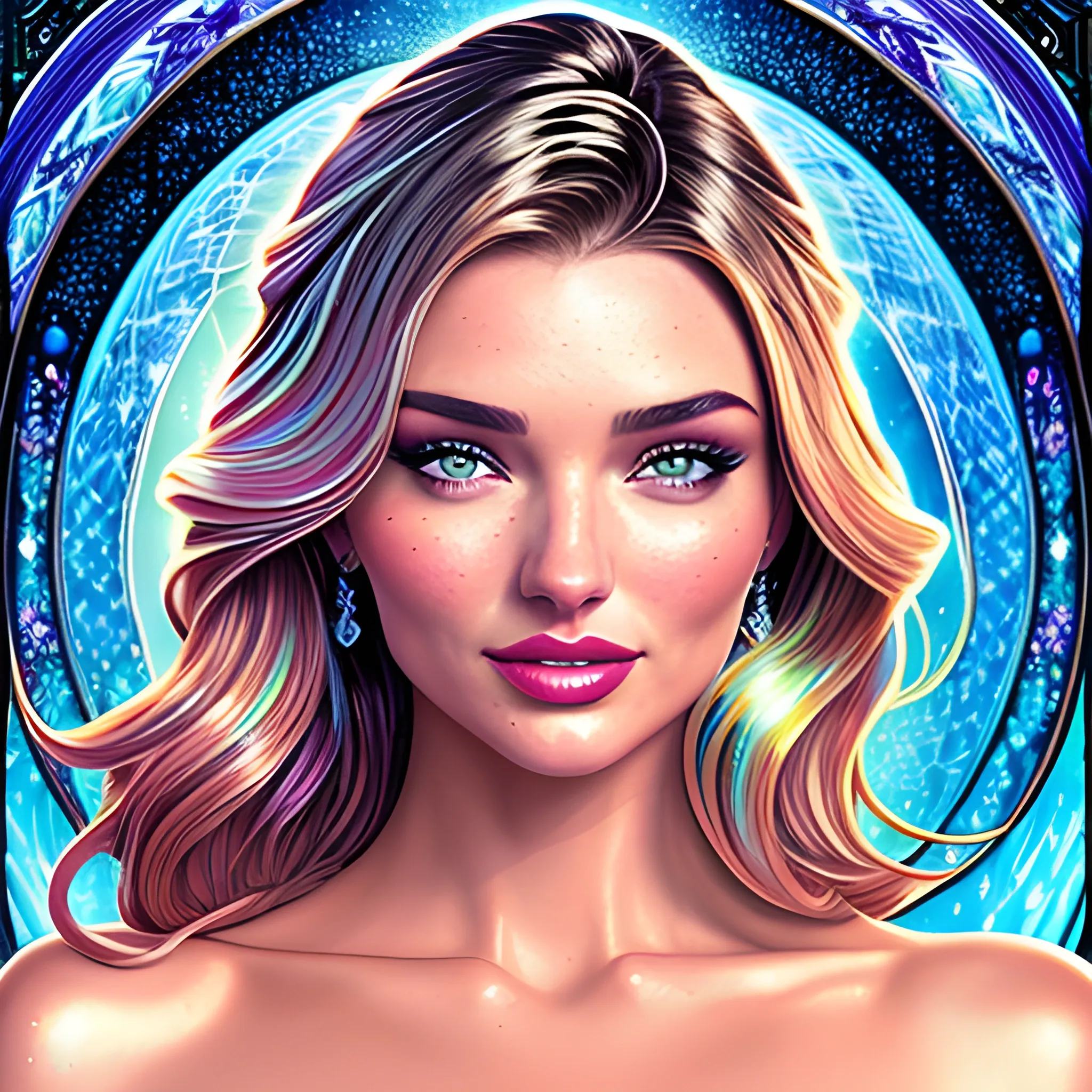 young Miranda Kerr / Candice Swanepoel / Elsa Hosk face morph, her highly detailed attractive face, meticulously detailed, multi-hued white-blond hair, blue eyes, dimple; by James R. Eads, Fausto-Giurescu, Tania Rivilis, Maxfield Parrish, Alphonse Mucha, Dan Mumford; luminous colorful sparkles, glitter, airbrush, depth of field, volumetric lighting Jason Beam art, Julie Bell art, Scott M Fischer, Neysa McMein, 3D