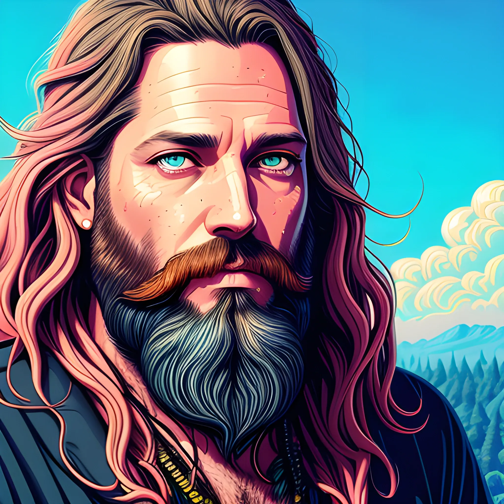 young man, Rich Robinson of The Black Crowes, close up, his highly detailed face, clean, clear blue eyes, meticulously detailed beard; hippie, he gazes across a misty landscape; pink, yellow, psychedelic; fantasy, 8k resolution, Cyril Rolando, James R. Eads, Illustration intricately detailed.