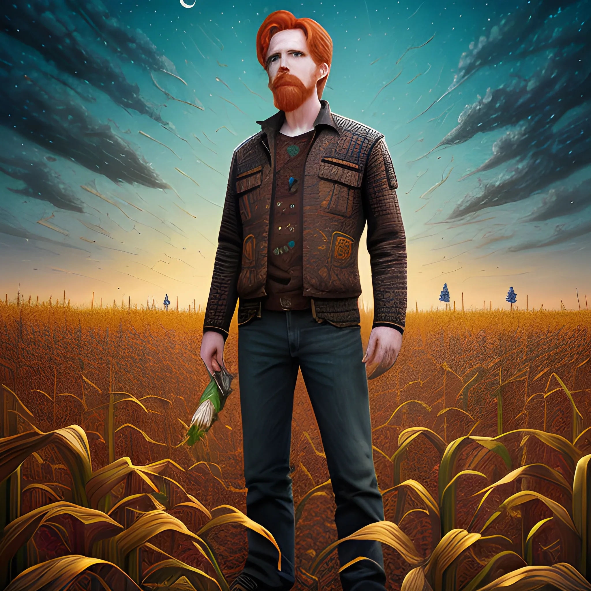 male actor Courtney Gains, his highly detailed handsome face, meticulously detailed multi-hued red hair, hyperdetailed farm clothing, standing in 8 foot tall corn, cornfield, corncobs, nebula sky; by James R. Eads, Fausto-Giurescu, Tania Rivilis, Renata-s-art, Dan Mumford; muted colors, bleak desolation, airbrush, depth of field, volumetric lighting, deep color, underground comix, 3D