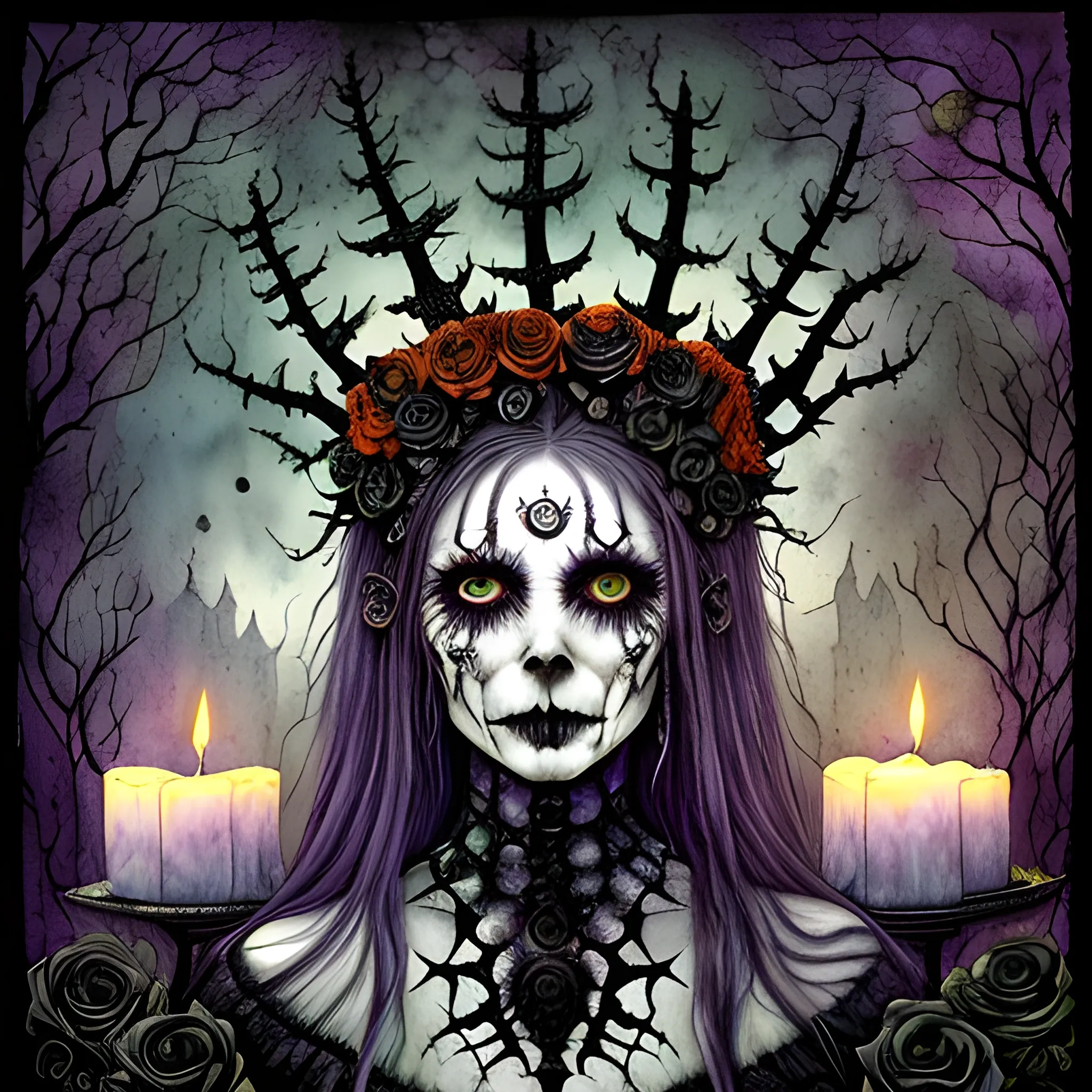 a woman wearing a thorny crown of black roses and weeping black tears, Halloween, bats, full moon in a nebula sky, watercolor, patchwork, fantastical surrealist world, in the style of Stephen Gammell, extremely detailed Zentangle style, sick, gothic, eldritch, candles, purple, orange, green, Halloween, 3D