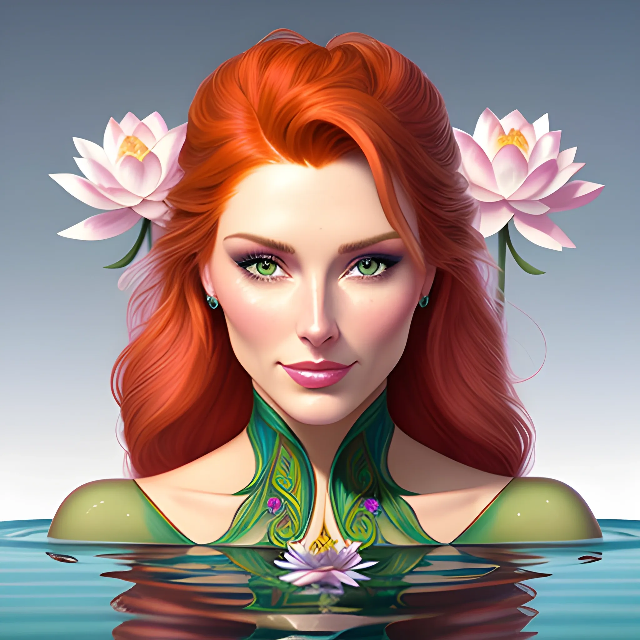 Elsa Hosk / Shanina Sheik / Robyn Lively face morph at a lotus pond; red hair, green eyes, highly detailed beautiful face; glitter, high contrast, pastel, sorbet, pearlescent, by Dan Parent, Artgerm, WLOP, intricately detailed, fantasy, beautiful, Chromolithography, Soft Shading, Unreal Engine; digital painting, smooth, sharp focus, illustration, art by lisa frank, Steve Goad, Frank Frazetta, William-Adolphe Bouguereau, Unreal Engine 5, Cartoon, 3D, Oil Painting, lotus pond