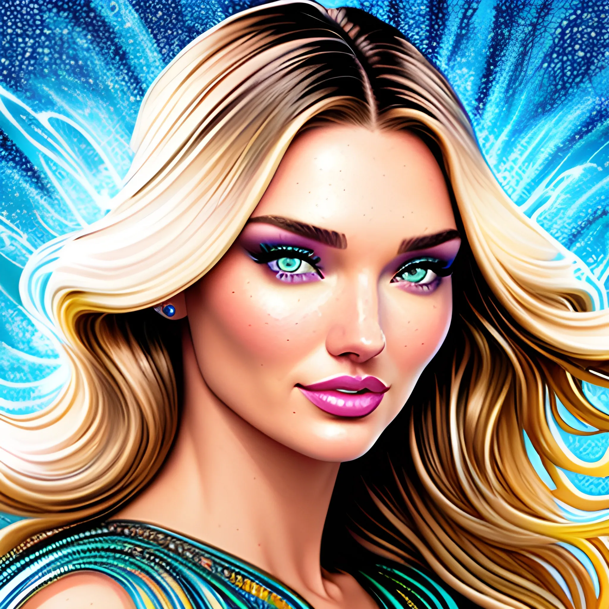 young Miranda Kerr / Candice Swanepoel / Elsa Hosk face morph, her highly detailed attractive face, meticulously detailed, multi-hued white-blond hair, blue eyes, dimple; by James R. Eads, Fausto-Giurescu, Tania Rivilis, Maxfield Parrish, Alphonse Mucha, Dan Mumford; luminous colorful sparkles, glitter, airbrush, depth of field, volumetric lighting Jason Beam art, Julie Bell art, Scott M Fischer, Neysa McMein, 3D