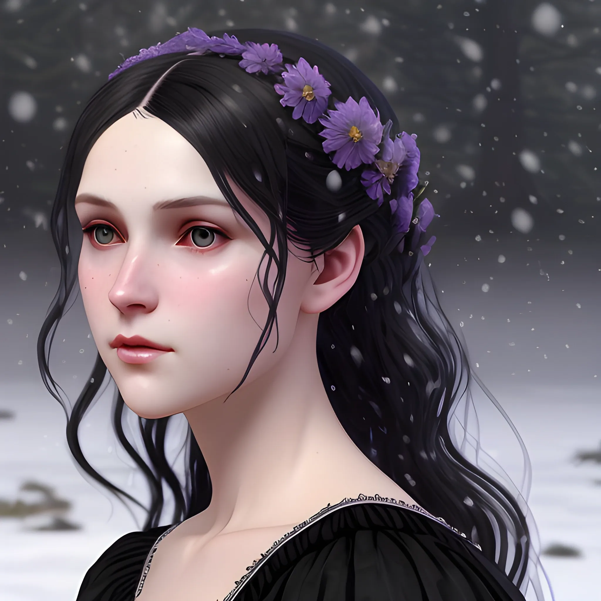 a pale woman with a highly detailed, perfect beautiful face, pale lavender eyes, meticulously detailed black long, flowing loose black hair and a purple dress; background is a snowy riverbank with pine trees, it's snowing; snow, snowflakes, glitter, luminos color sparkles, nebula sky, digital painting, artstation; Lisa Frank, artgerm, Greg Rutkowski, William-Adolphe Bouguereau, renaissance, Unreal Engine 5, 3D