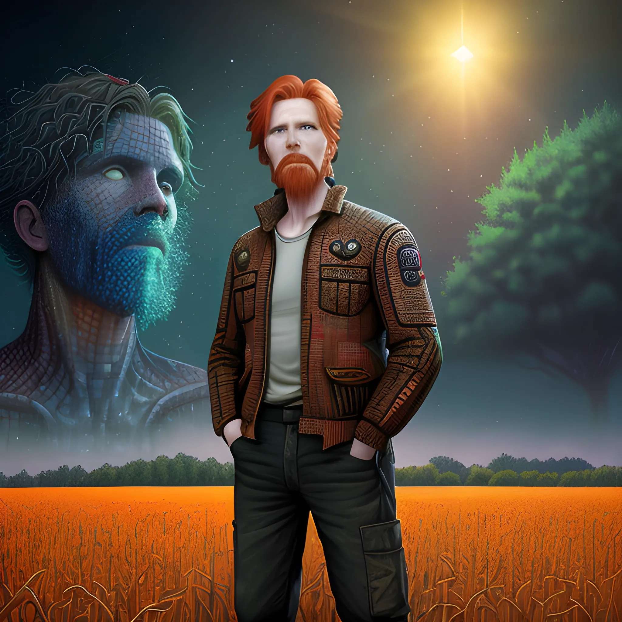 male actor Courtney Gains, his highly detailed handsome face, meticulously detailed multi-hued red hair, hyperdetailed farm clothing, standing in 8 foot tall corn, cornfield, corncobs, nebula sky; by James R. Eads, Fausto-Giurescu, Tania Rivilis, Renata-s-art, Dan Mumford; muted colors, bleak desolation, airbrush, depth of field, volumetric lighting, deep color, underground comix, 3D