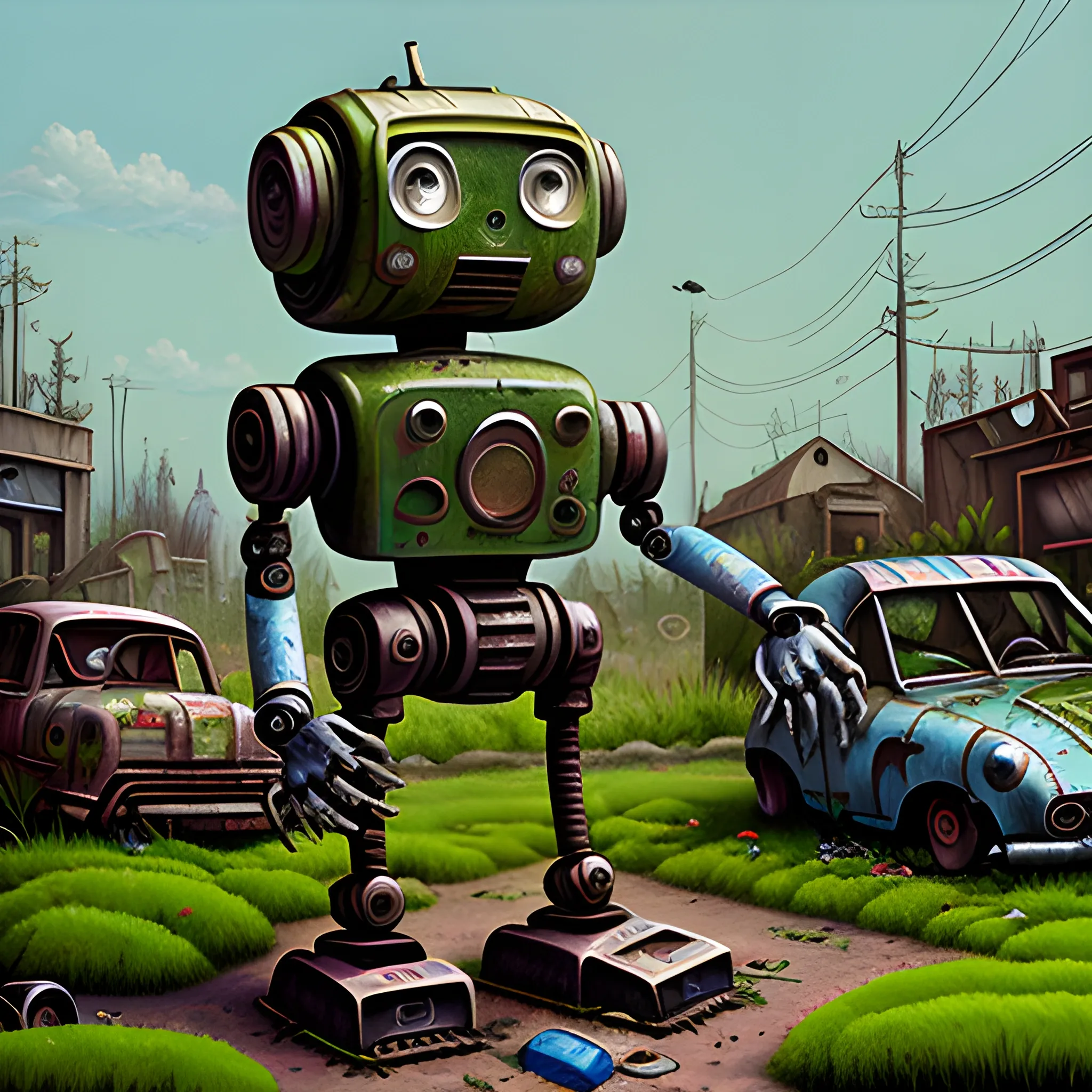 Robot in a junkyard with moss, Cartoon, Oil Painting