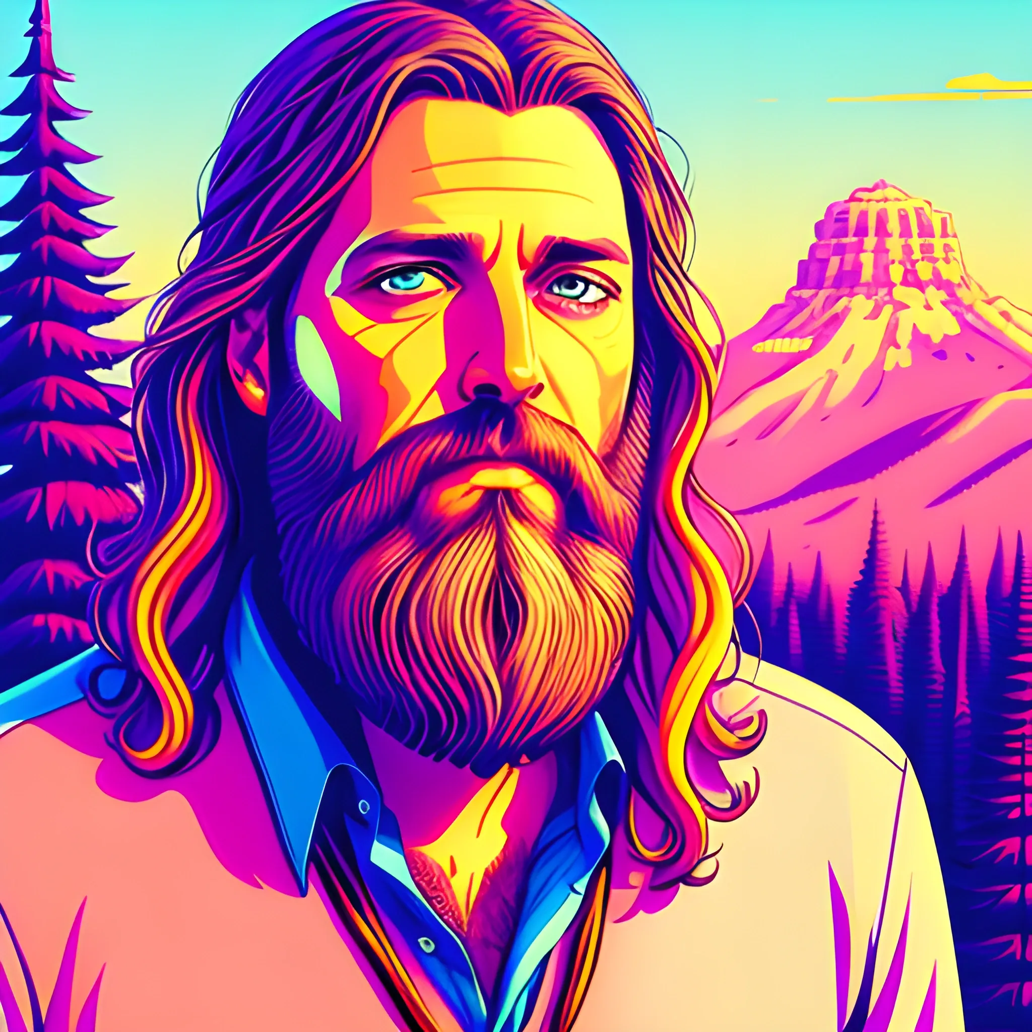 young man, Rich Robinson of The Black Crowes, close up, his highly detailed face, clean, clear blue eyes, meticulously detailed beard; hippie, he gazes across a misty landscape; pink, yellow, psychedelic; fantasy, 8k resolution, Cyril Rolando, James R. Eads, Illustration intricately detailed, 3D