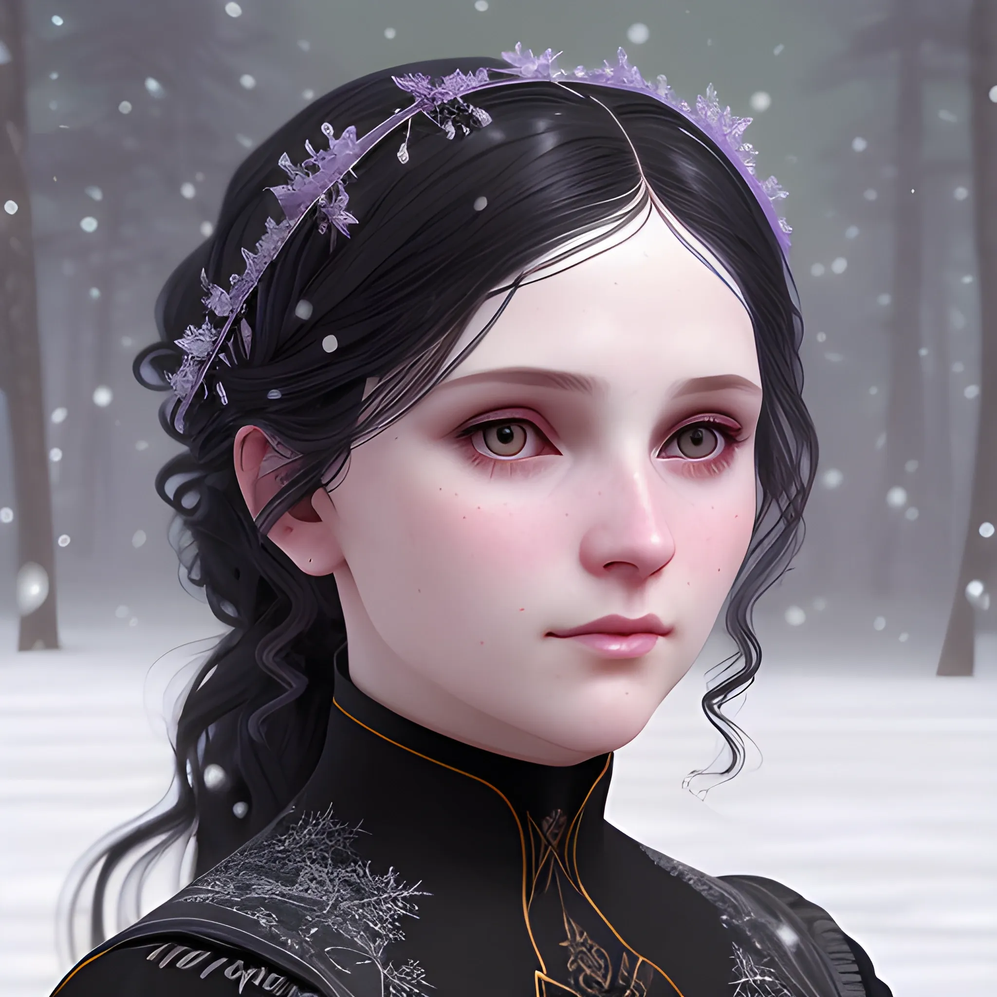 a pale woman with a highly detailed, perfect beautiful face, pale lavender eyes, meticulously detailed black long, flowing loose black hair and a purple dress; background is a snowy riverbank with pine trees, it's snowing; snow, snowflakes, glitter, luminos color sparkles, nebula sky, digital painting, artstation; Lisa Frank, artgerm, Greg Rutkowski, William-Adolphe Bouguereau, renaissance, Unreal Engine 5, 3D