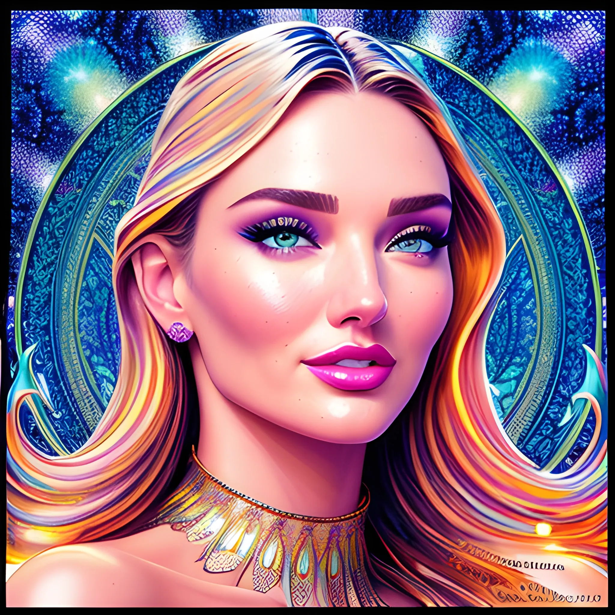 young Miranda Kerr / Candice Swanepoel / Elsa Hosk face morph, her highly detailed attractive face, meticulously detailed, multi-hued white-blond hair, blue eyes, dimple; supermodel by James R. Eads, Fausto-Giurescu, Tania Rivilis, Maxfield Parrish, Alphonse Mucha, Dan Mumford; luminous colorful sparkles, glitter, airbrush, depth of field, volumetric lighting Jason Beam art, Julie Bell art, Scott M Fischer, Neysa McMein, 3D