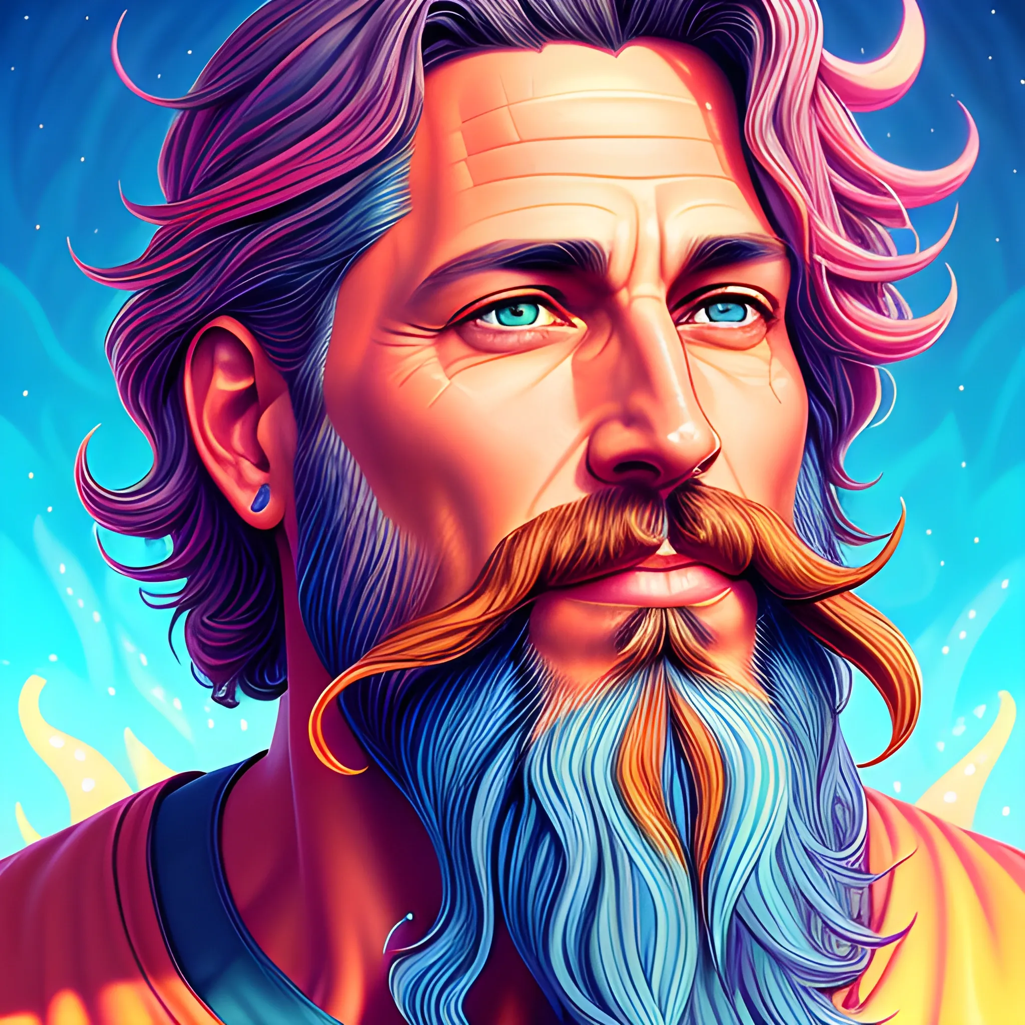 young man, Chris Cornell, close up, his highly detailed face, clean, clear blue eyes, meticulously detailed beard; hippie, he gazes across a misty landscape; pink, yellow, psychedelic; fantasy, 8k resolution, Cyril Rolando, James R. Eads, Illustration intricately detailed, 3D