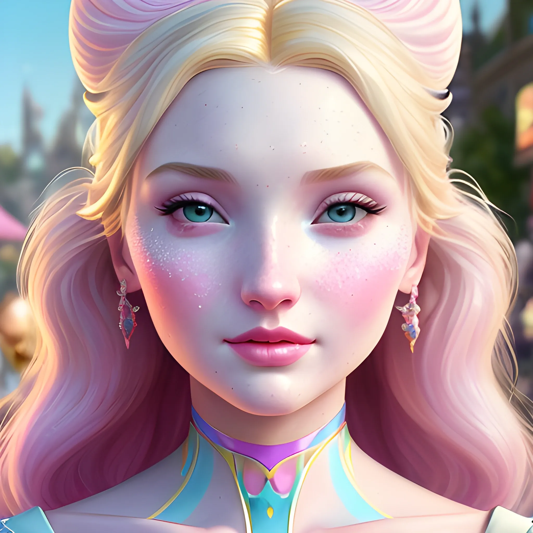 Elsa Hosk / Dove Cameron face morph at a carnival; highly detailed beautiful face; glitter, renaissance; high contrast, cotton candy, pastel, sorbet, pearlescent, Unreal Engine 5; by Dan Parent, Alphonse Mucha, Artgerm, WLOP, intricately detailed, fantasy, bizarre, beautiful, Chromolithography, Soft Shading, Unreal Engine; digital painting, smooth, sharp focus, illustration, art by lisa frank, Steve Goad, Frank Frazetta, William-Adolphe Bouguereau, Unreal Engine 5, Cartoon, 3D, Oil Painting, 3D