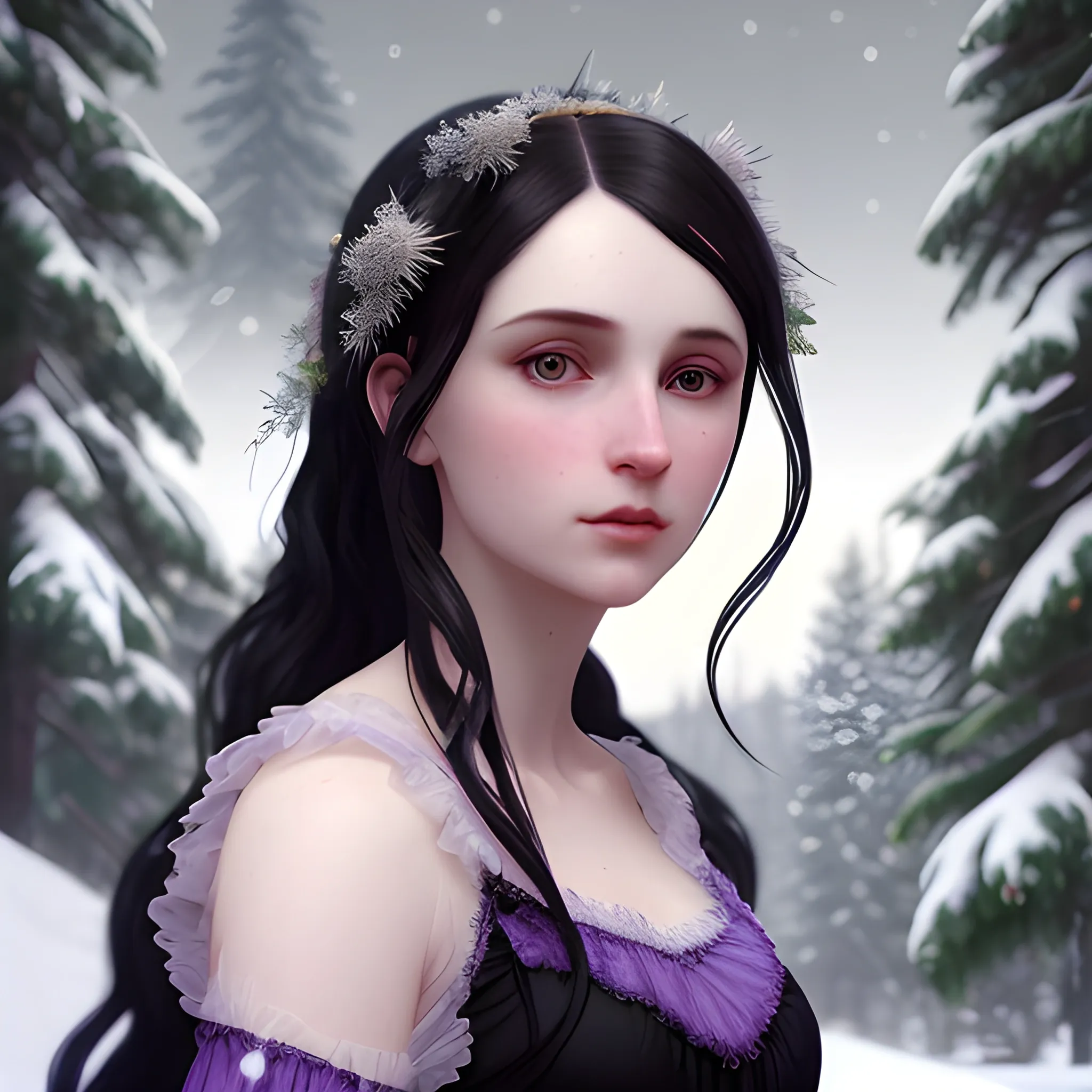 a pale woman with a highly detailed, perfect beautiful face, pale lavender eyes, meticulously detailed black long, flowing loose black hair and a purple dress; background is a snowy riverbank with pine trees, it's snowing; snow, snowflakes, glitter, luminos color sparkles, nebula sky, digital painting, artstation; Lisa Frank, artgerm, Greg Rutkowski, William-Adolphe Bouguereau, renaissance, Unreal Engine 5, 3D