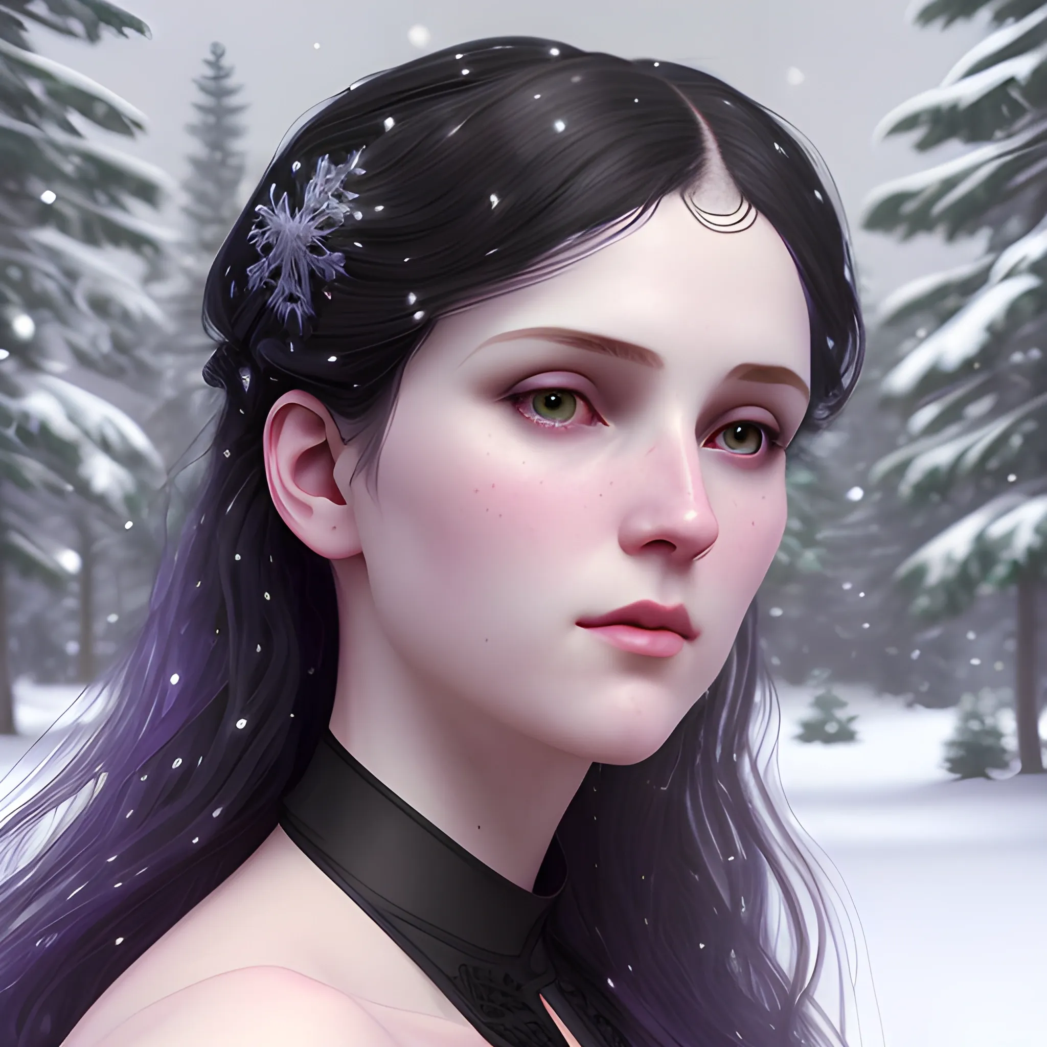 a pale woman with a highly detailed, perfect beautiful face, pale lavender eyes, meticulously detailed black long, flowing loose black hair and a purple dress; background is a snowy riverbank with pine trees, it's snowing; snow, snowflakes, glitter, luminos color sparkles, nebula sky, digital painting, artstation; Lisa Frank, artgerm, Greg Rutkowski, William-Adolphe Bouguereau, renaissance, Unreal Engine 5, 3D