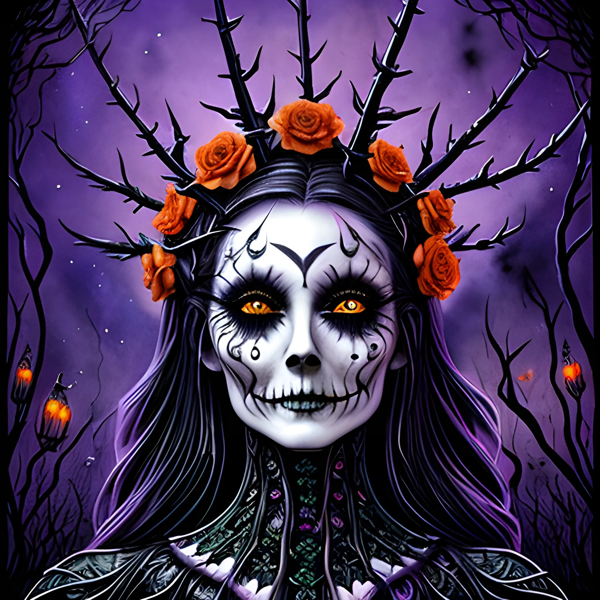 a stunningly beautiful woman wearing a thorny crown of black roses and weeping black tears, Halloween, pumpkins, ravens, spiders, bats, full moon in a nebula sky, watercolor, neon acrylic paint, purple, orange, green, fantastical surrealist world, in the style of Stephen Gammell, extremely detailed Zentangle style, sick, gothic, eldritch, candles, Halloween, 3D