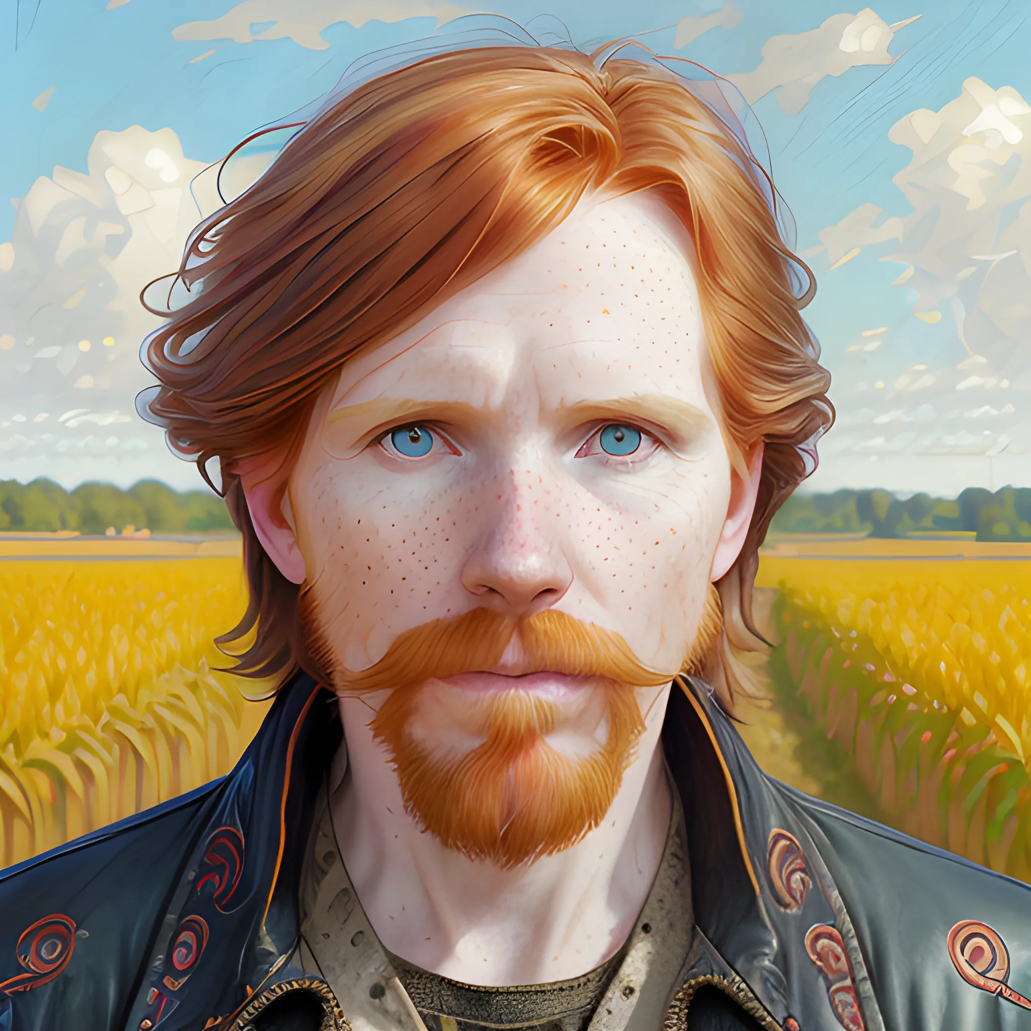 Courtney Gains, at a cornfield, highly detailed softly freckled face, dark red long feathered hair, modern American; by Lisa Frank, Daniel Gerhartz, Phil Noto art, Mucha, Manara; hyper-detailed, hyper-realistic, sharp focus; symmetrical face; textured shading, subtractive lighting, Unreal Engine