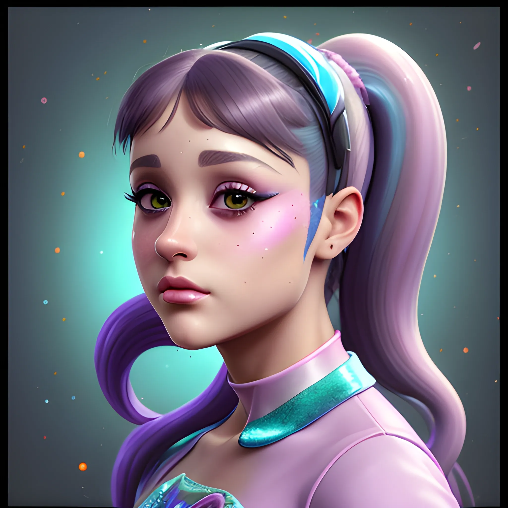 Ariana Grande wearing hotpants and roller-skates, highly detailed beautiful face; dark hair, glitter; high contrast, pastel, sorbet, pearlescent, underwater, surreal, Unreal Engine 5; by Dan Parent, Artgerm, WLOP, intricately detailed, fantasy, bizarre, beautiful, Chromolithography, Soft Shading, Unreal Engine; digital painting, smooth, sharp focus, illustration, art by lisa frank, Steve Goad, Frank Frazetta, William-Adolphe Bouguereau, Unreal Engine 5, 3D