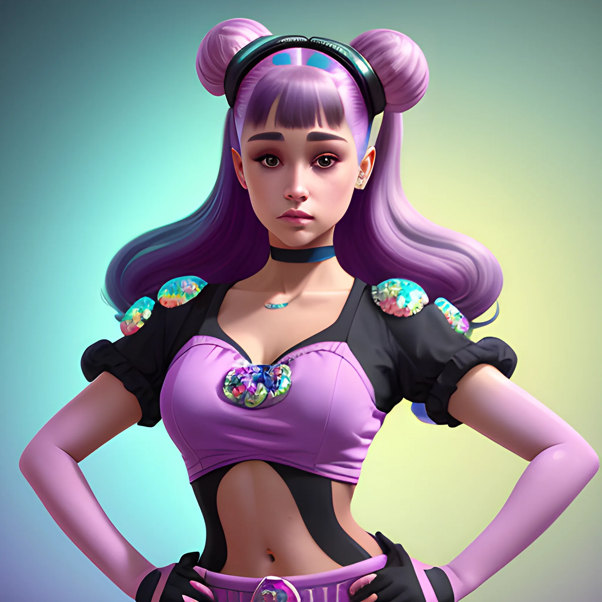 Ariana Grande wearing hotpants and roller-skates, highly detailed beautiful face; dark hair, glitter; high contrast, pastel, sorbet, pearlescent, bubblegum, surreal, Unreal Engine 5; by Dan Parent, Artgerm, WLOP, intricately detailed, fantasy, bizarre, beautiful, Chromolithography, Soft Shading, Unreal Engine; digital painting, smooth, sharp focus, illustration, art by lisa frank, Steve Goad, Frank Frazetta, William-Adolphe Bouguereau, Unreal Engine 5, 3D