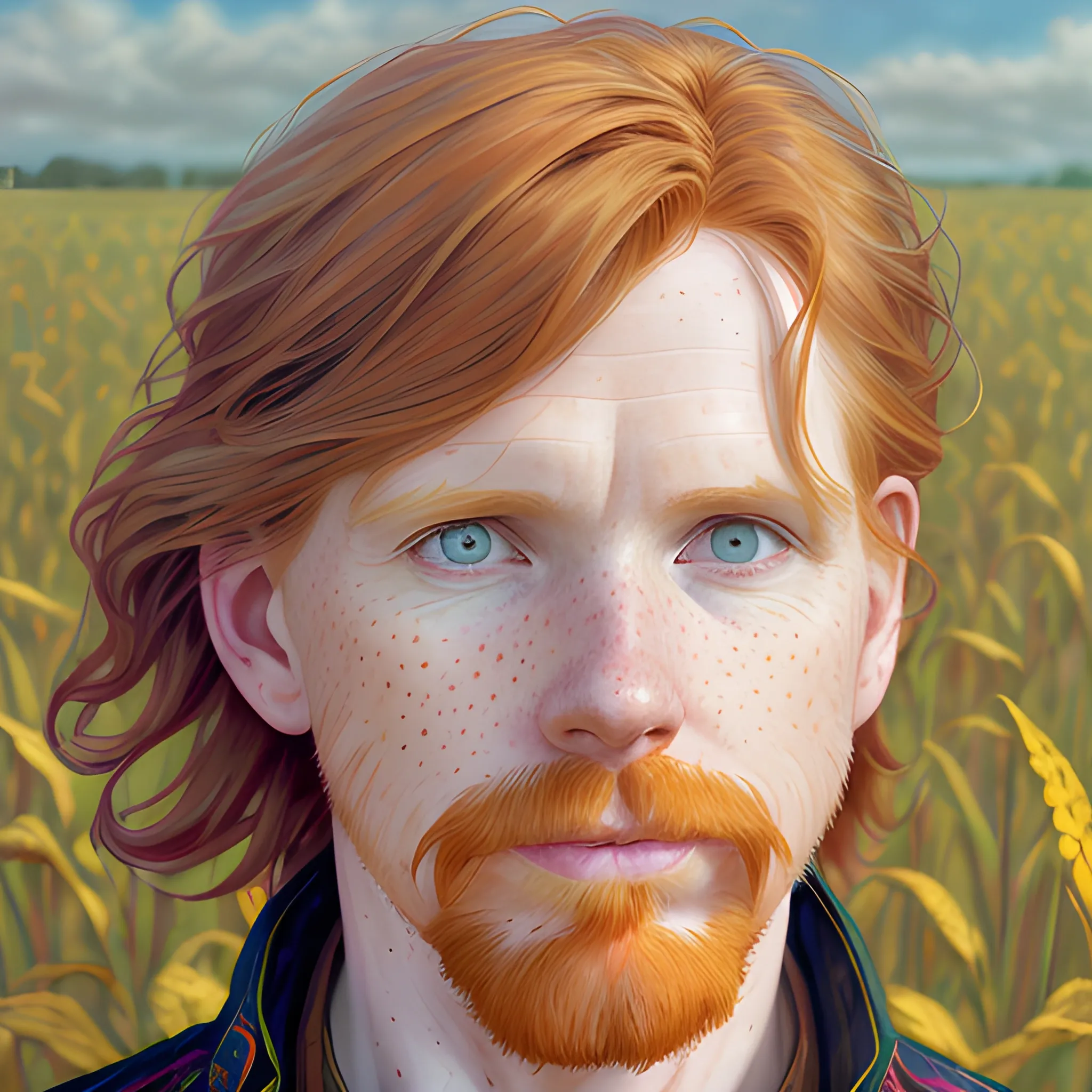 Courtney Gains, at a cornfield, highly detailed softly freckled face, dark red long feathered hair, modern American; by Lisa Frank, Daniel Gerhartz, Phil Noto art, Mucha, Manara; hyper-detailed, hyper-realistic, sharp focus; symmetrical face; textured shading, subtractive lighting, Unreal Engine