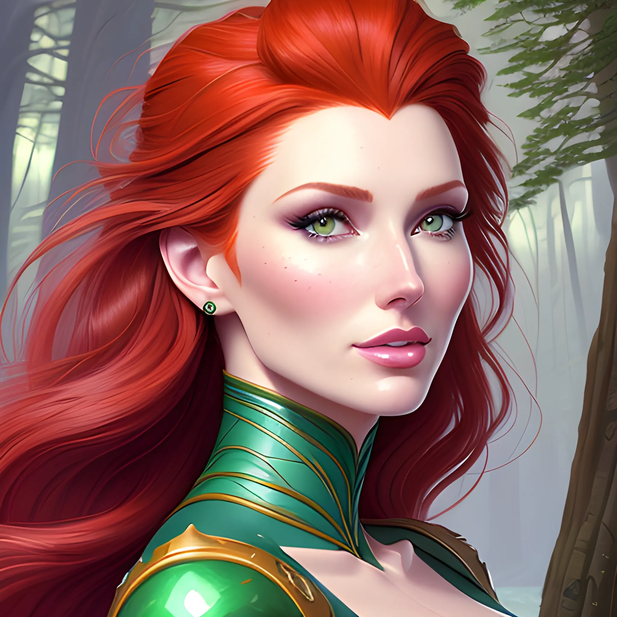 Elsa Hosk / Shanina Sheik / Robyn Lively face morph in a deep green pine tree forest; red hair, green eyes, highly detailed beautiful face; glitter, high contrast, pastel, sorbet, pearlescent, by Dan Parent, Artgerm, WLOP, intricately detailed, fantasy, beautiful, Chromolithography, Soft Shading, Unreal Engine; digital painting, smooth, sharp focus, illustration, art by lisa frank, Steve Goad, Frank Frazetta, William-Adolphe Bouguereau, Unreal Engine 5, Cartoon, 3D, Oil Painting, lotus pond