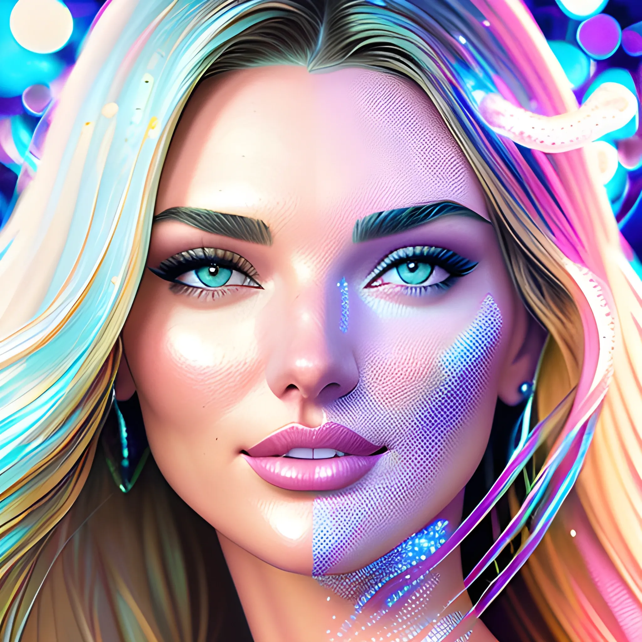 young Miranda Kerr / Candice Swanepoel / Elsa Hosk face morph, her highly detailed attractive face, meticulously detailed, multi-hued white-blond hair, blue eyes, dimple; supermodel, Victoria's Secret angel; by James R. Eads, Fausto-Giurescu, Tania Rivilis, Maxfield Parrish, Alphonse Mucha, Dan Mumford; luminous colorful sparkles, glitter, airbrush, depth of field, volumetric lighting Jason Beam art, Julie Bell art, Scott M Fischer, Neysa McMein, 3D