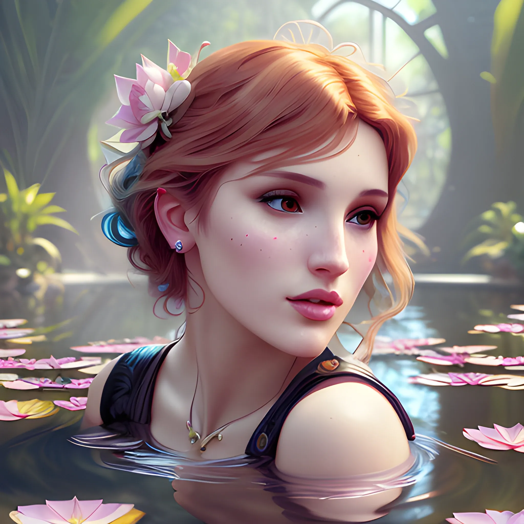 Bella Thorne at a lotus pond; highly detailed beautiful face; glitter, renaissance; high contrast, pastel, sorbet, pearlescent, Unreal Engine 5; by Dan Parent, Alphonse Mucha, Artgerm, WLOP, intricately detailed, fantasy, bizarre, beautiful, Chromolithography, Soft Shading, Unreal Engine; digital painting, smooth, sharp focus, illustration, art by lisa frank, Steve Goad, Frank Frazetta, William-Adolphe Bouguereau, Unreal Engine 5, Cartoon, 3D, Oil Painting, 3D