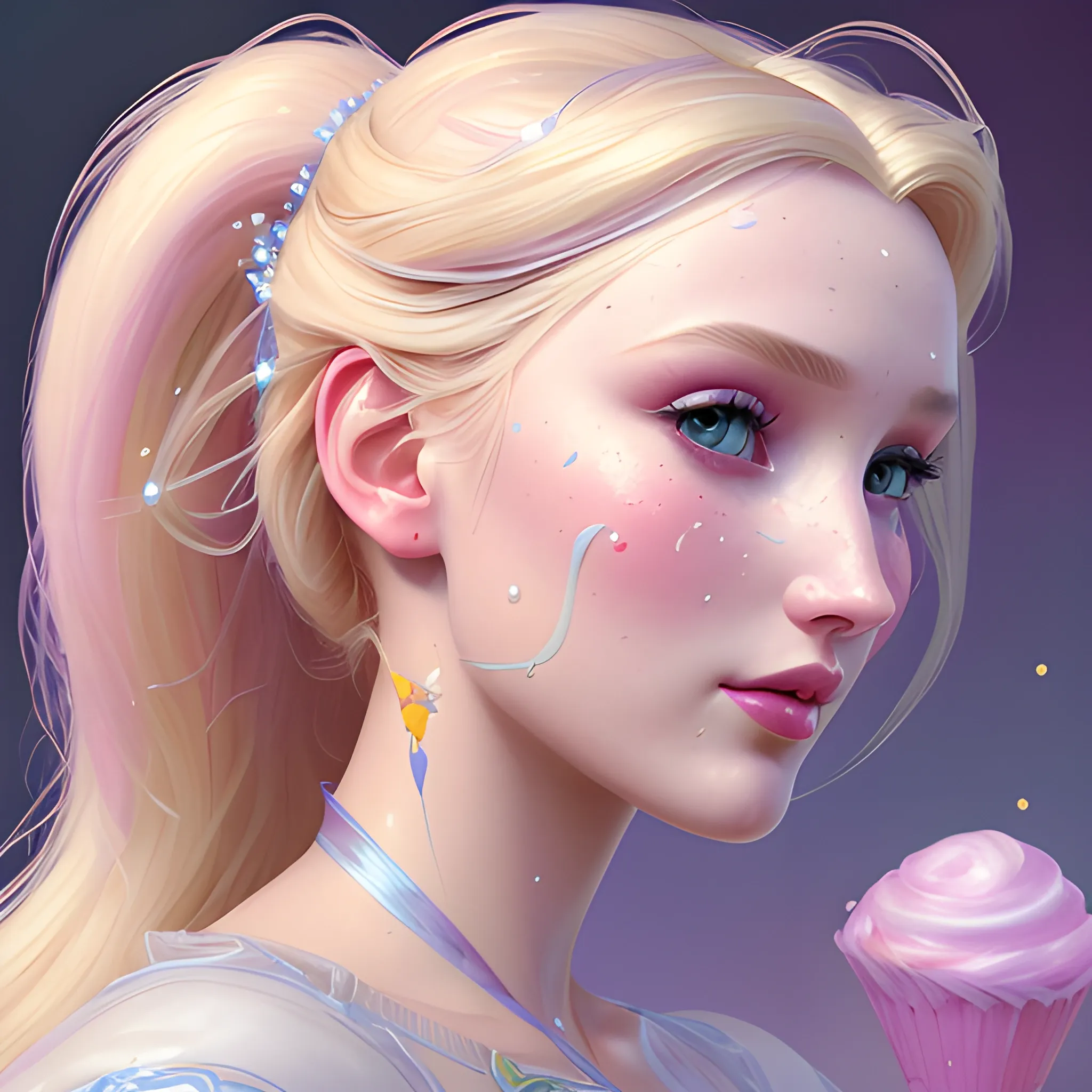 Elsa Hosk / Dove Cameron face morph at a carnival; highly detailed beautiful face; glitter, renaissance; high contrast, cotton candy, pastel, sorbet, pearlescent, Unreal Engine 5; by Dan Parent, Alphonse Mucha, Artgerm, WLOP, intricately detailed, fantasy, bizarre, beautiful, Chromolithography, Soft Shading, Unreal Engine; digital painting, smooth, sharp focus, illustration, art by lisa frank, Steve Goad, Frank Frazetta, William-Adolphe Bouguereau, Unreal Engine 5, Cartoon, 3D, Oil Painting, 3D