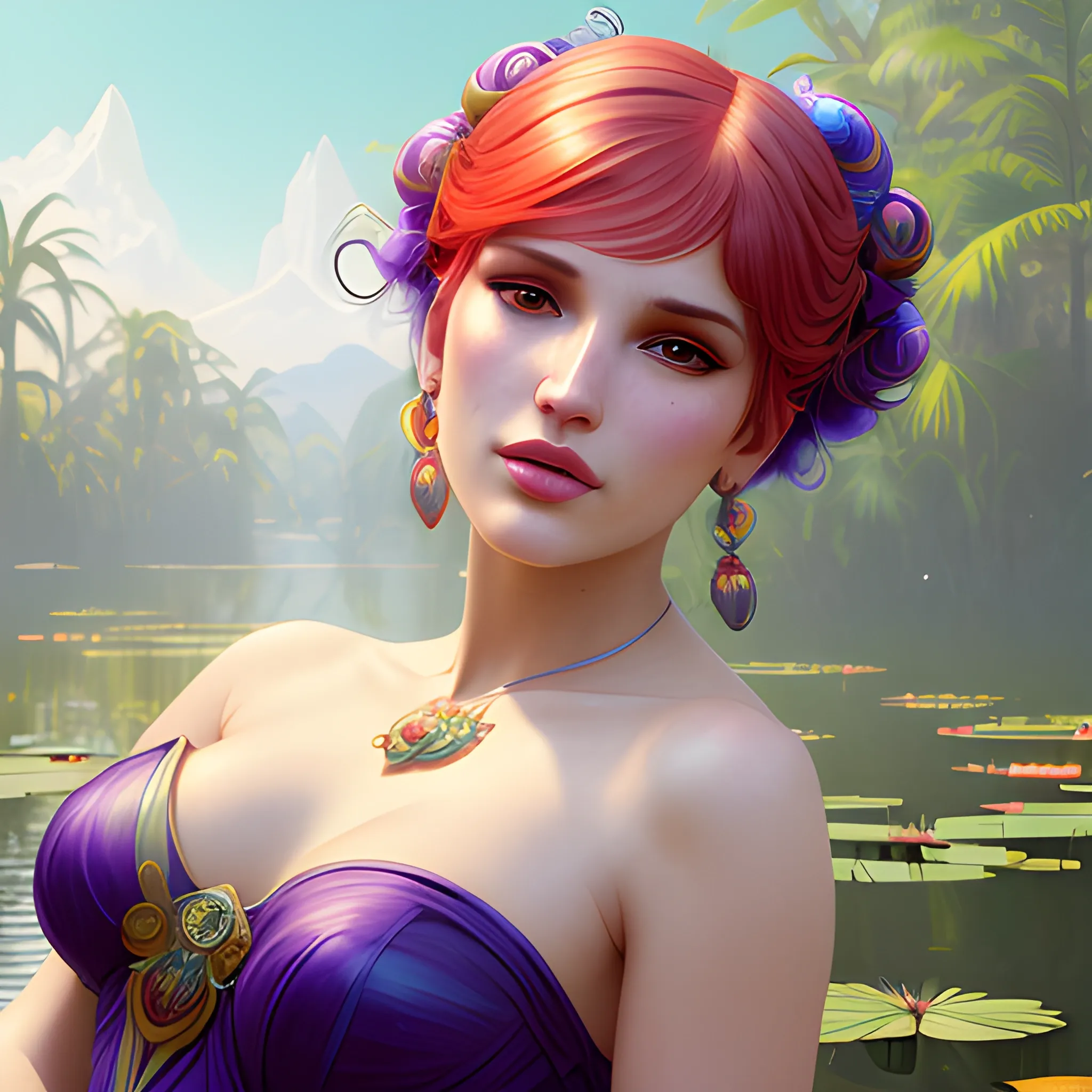 Bella Thorne at a lotus pond; highly detailed beautiful face; glitter, renaissance; high contrast, pastel, sorbet, pearlescent, Unreal Engine 5; by Dan Parent, Alphonse Mucha, Artgerm, WLOP, intricately detailed, fantasy, bizarre, beautiful, Chromolithography, Soft Shading, Unreal Engine; digital painting, smooth, sharp focus, illustration, art by lisa frank, Steve Goad, Frank Frazetta, William-Adolphe Bouguereau, Unreal Engine 5, Cartoon, 3D, Oil Painting, 3D