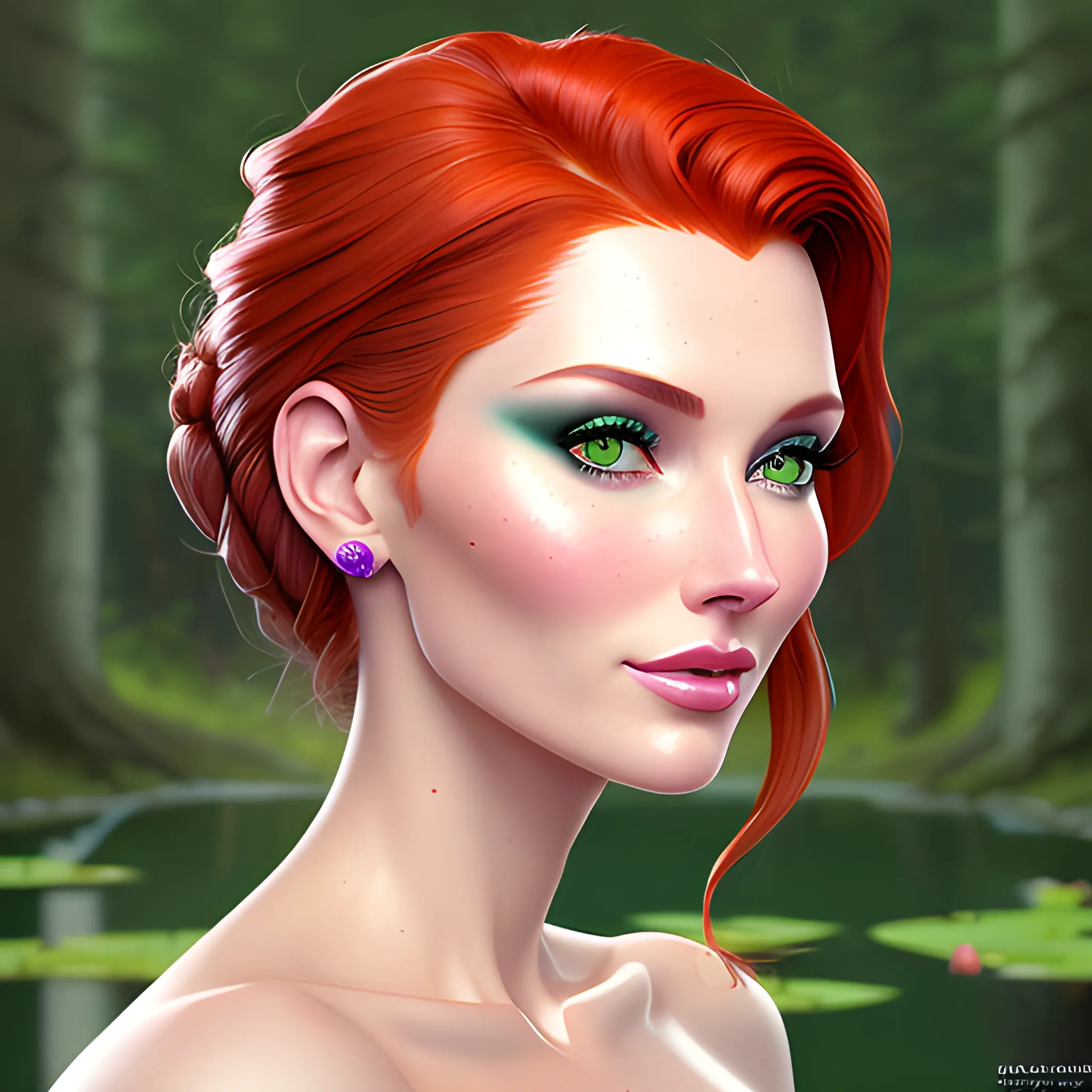 Elsa Hosk / Shanina Sheik / Robyn Lively face morph in a deep green pine tree forest; red hair, green eyes, highly detailed beautiful face; glitter, high contrast, pastel, sorbet, pearlescent, by Dan Parent, Artgerm, WLOP, intricately detailed, fantasy, beautiful, Chromolithography, Soft Shading, Unreal Engine; digital painting, smooth, sharp focus, illustration, art by lisa frank, Steve Goad, Frank Frazetta, William-Adolphe Bouguereau, Unreal Engine 5, Cartoon, 3D, Oil Painting, lotus pond