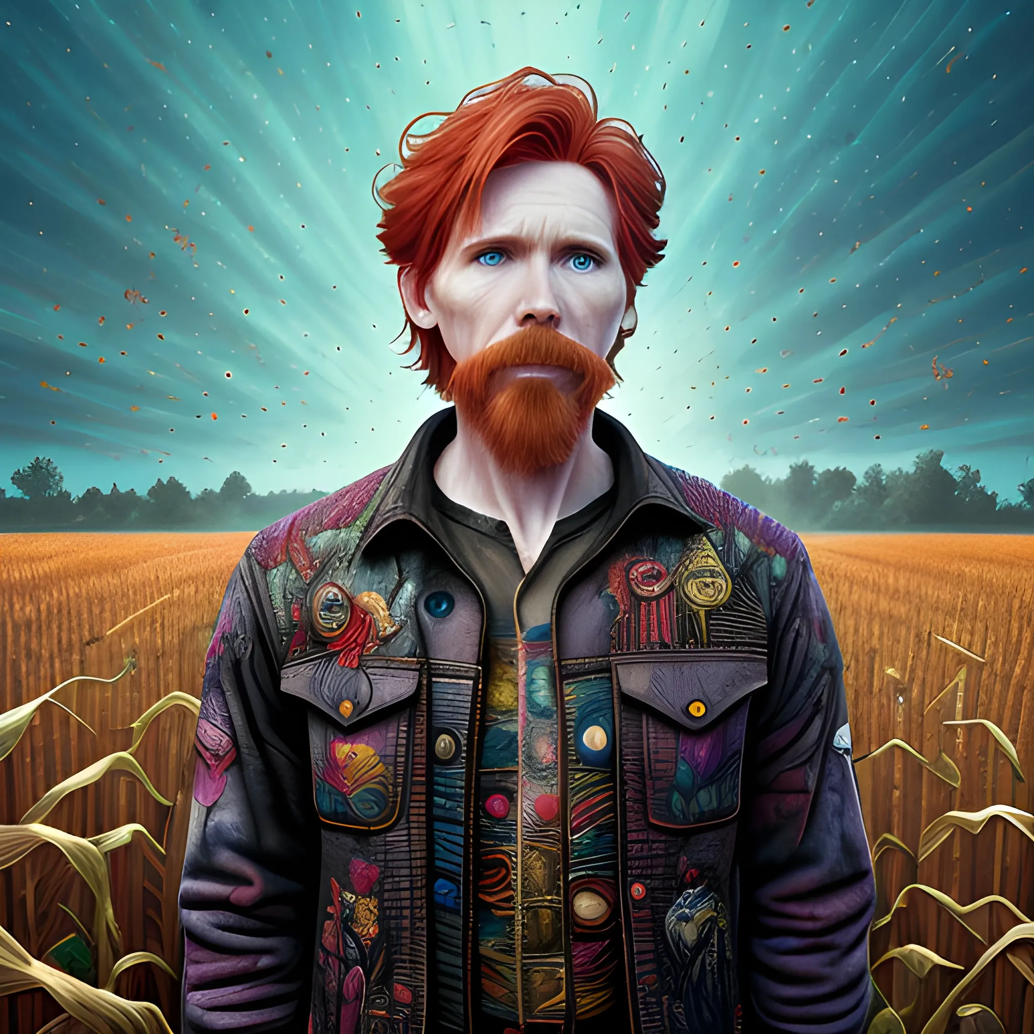 male actor Courtney Gains, his highly detailed handsome face, meticulously detailed multi-hued red hair, hyperdetailed farm clothing, standing in 8 foot tall corn, cornfield, corncobs, nebula sky; by James R. Eads, Fausto-Giurescu, Tania Rivilis, Renata-s-art, Dan Mumford; muted colors, bleak desolation, airbrush, depth of field, volumetric lighting, deep color, underground comix, 3D