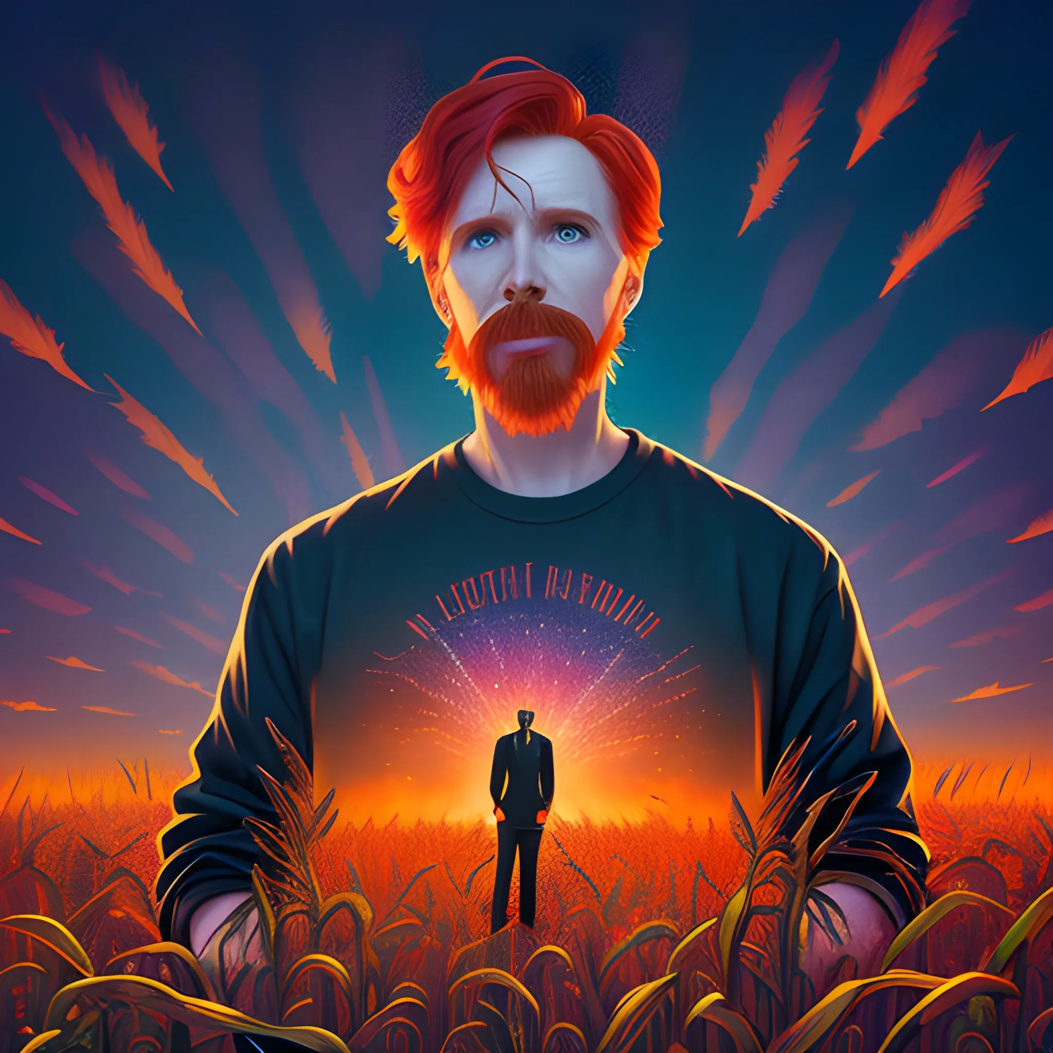 male actor Courtney Gains, his highly detailed handsome face, meticulously detailed multi-hued red hair, standing in tall corn, cornfield, nebula sky; by James R. Eads, Fausto-Giurescu, Tania Rivilis, Renata-s-art, Dan Mumford; luminous colorful sparkles, glitter, airbrush, depth of field, volumetric lighting, deep color, underground comix, 3D