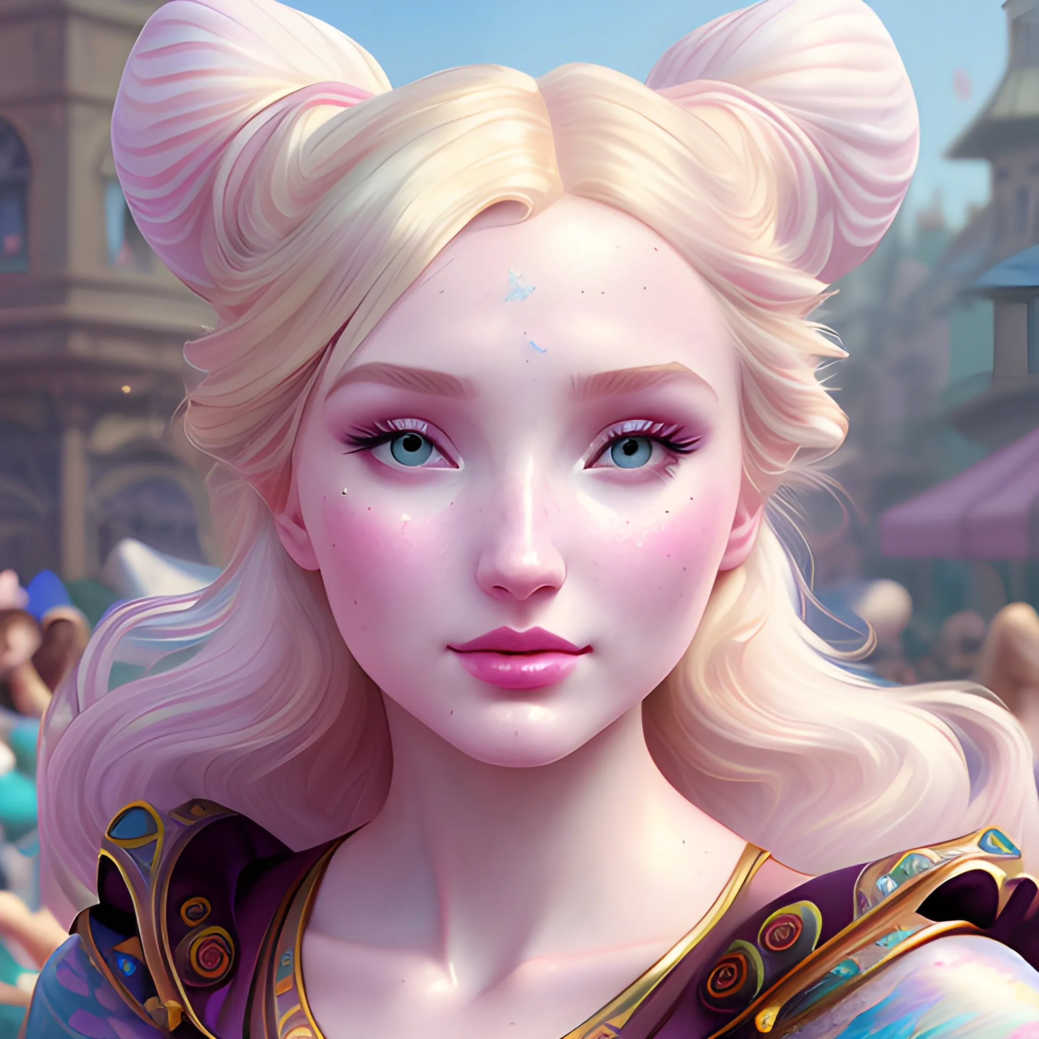 Elsa Hosk / Dove Cameron face morph at a carnival; highly detailed beautiful face; glitter, renaissance; high contrast, cotton candy, pastel, sorbet, pearlescent, Unreal Engine 5; by Dan Parent, Alphonse Mucha, Artgerm, WLOP, intricately detailed, fantasy, bizarre, beautiful, Chromolithography, Soft Shading, Unreal Engine; digital painting, smooth, sharp focus, illustration, art by lisa frank, Steve Goad, Frank Frazetta, William-Adolphe Bouguereau, Unreal Engine 5, Cartoon, 3D, Oil Painting, 3D