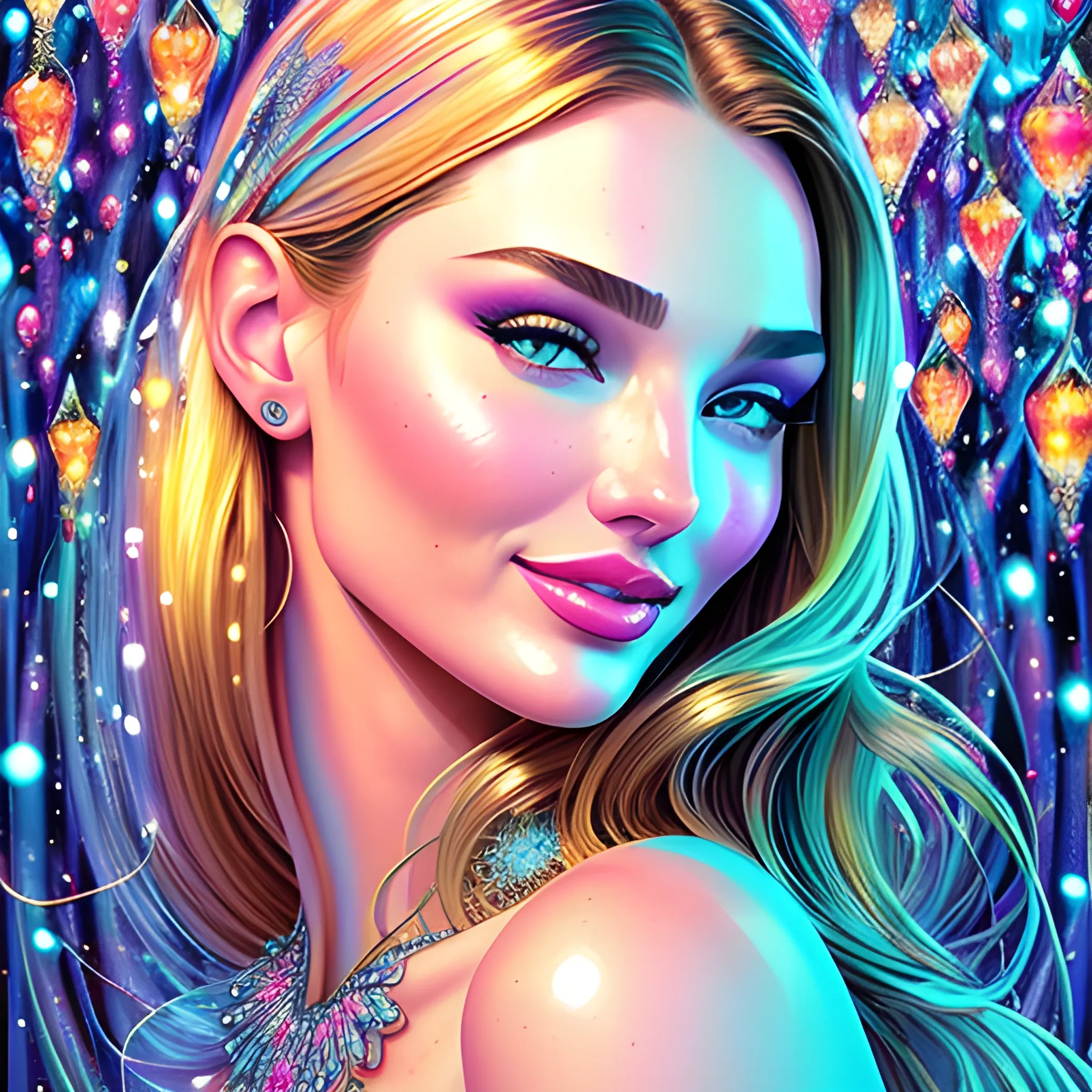 young Miranda Kerr / Candice Swanepoel / Elsa Hosk face morph, her highly detailed attractive face, meticulously detailed, multi-hued white-blond hair, blue eyes, dimple; supermodel, Victoria's Secret angel; by James R. Eads, Fausto-Giurescu, Tania Rivilis, Maxfield Parrish, Alphonse Mucha, Dan Mumford; luminous colorful sparkles, glitter, airbrush, depth of field, volumetric lighting Jason Beam art, Julie Bell art, Scott M Fischer, Neysa McMein, 3D