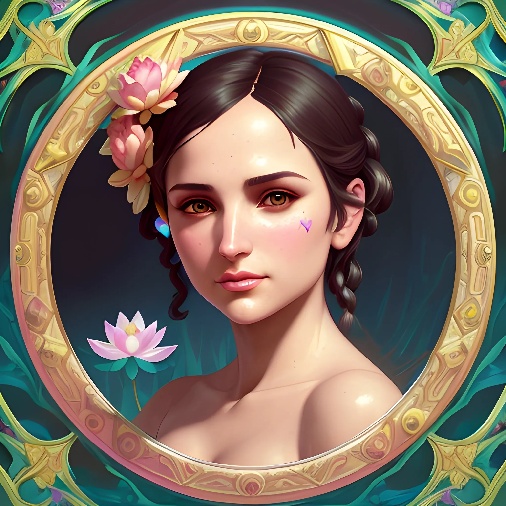 Rachel Leigh Cook at a lotus pond; highly detailed beautiful face; glitter, renaissance; high contrast, pastel, sorbet, pearlescent, underwater, surreal, Unreal Engine 5; by Dan Parent, Alphonse Mucha, Artgerm, WLOP, intricately detailed, fantasy, bizarre, beautiful, Chromolithography, Soft Shading, Unreal Engine; digital painting, smooth, sharp focus, illustration, art by lisa frank, Steve Goad, Frank Frazetta, William-Adolphe Bouguereau, Unreal Engine 5, Cartoon, 3D, Oil Painting, 3D