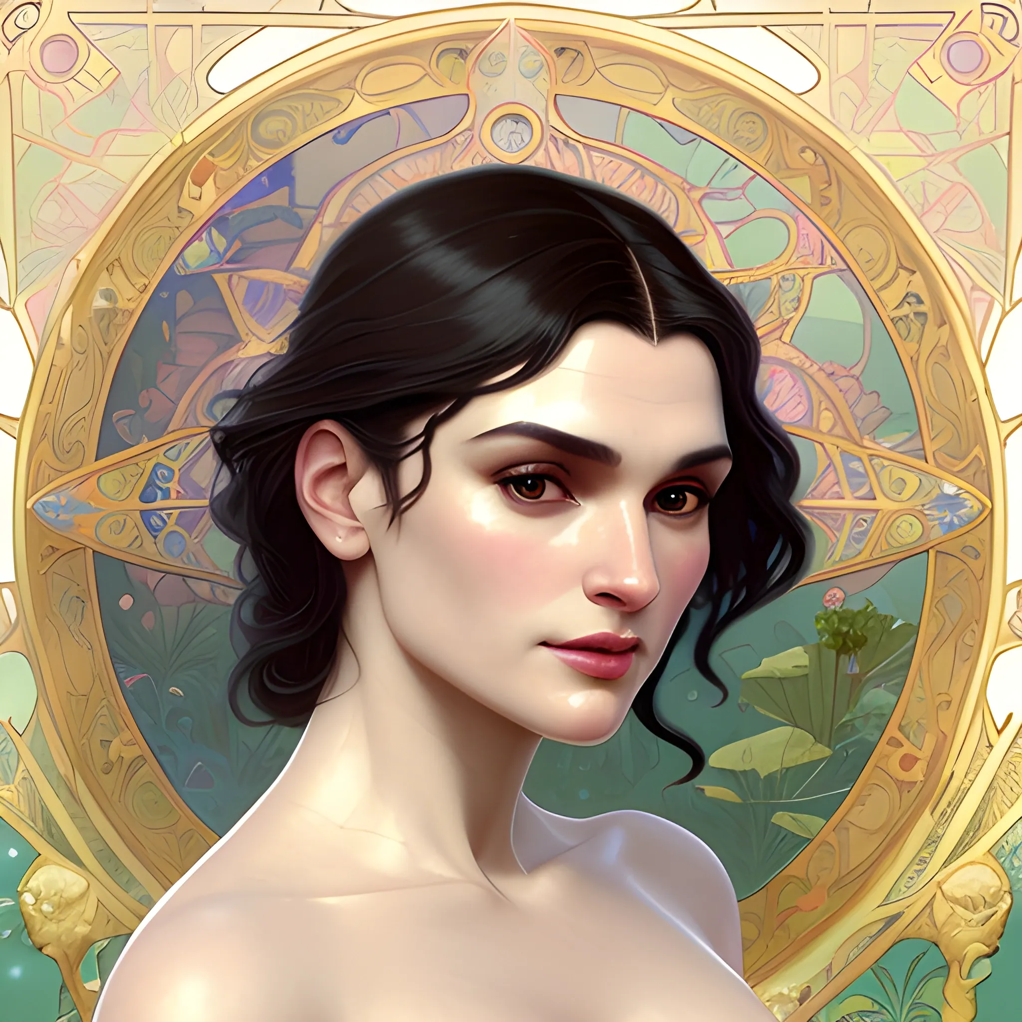 Rachel Weisz at a lotus pond; highly detailed beautiful face; glitter, renaissance; high contrast, pastel, sorbet, pearlescent, underwater, surreal, Unreal Engine 5; by Dan Parent, Alphonse Mucha, Artgerm, WLOP, intricately detailed, fantasy, bizarre, beautiful, Chromolithography, Soft Shading, Unreal Engine; digital painting, smooth, sharp focus, illustration, art by lisa frank, Steve Goad, Frank Frazetta, William-Adolphe Bouguereau, Unreal Engine 5, Cartoon, 3D, Oil Painting, 3D