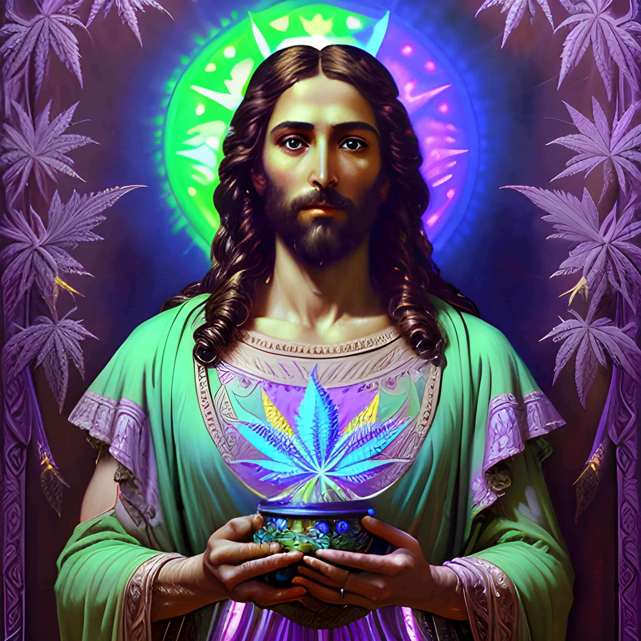 eoclassicist colorful blacklight uv highly detailed painting of Jesus as a marijuana goddess, ethereal fantasy hyperdetailed mist, maximalist matte painting, polished, realistic oil painting; old fashioned, vintage, antique; luminous color sparkles, marijuana, by gaston bussiere, craig mullins, j. c. leyendecker, norman rockwell, 3D