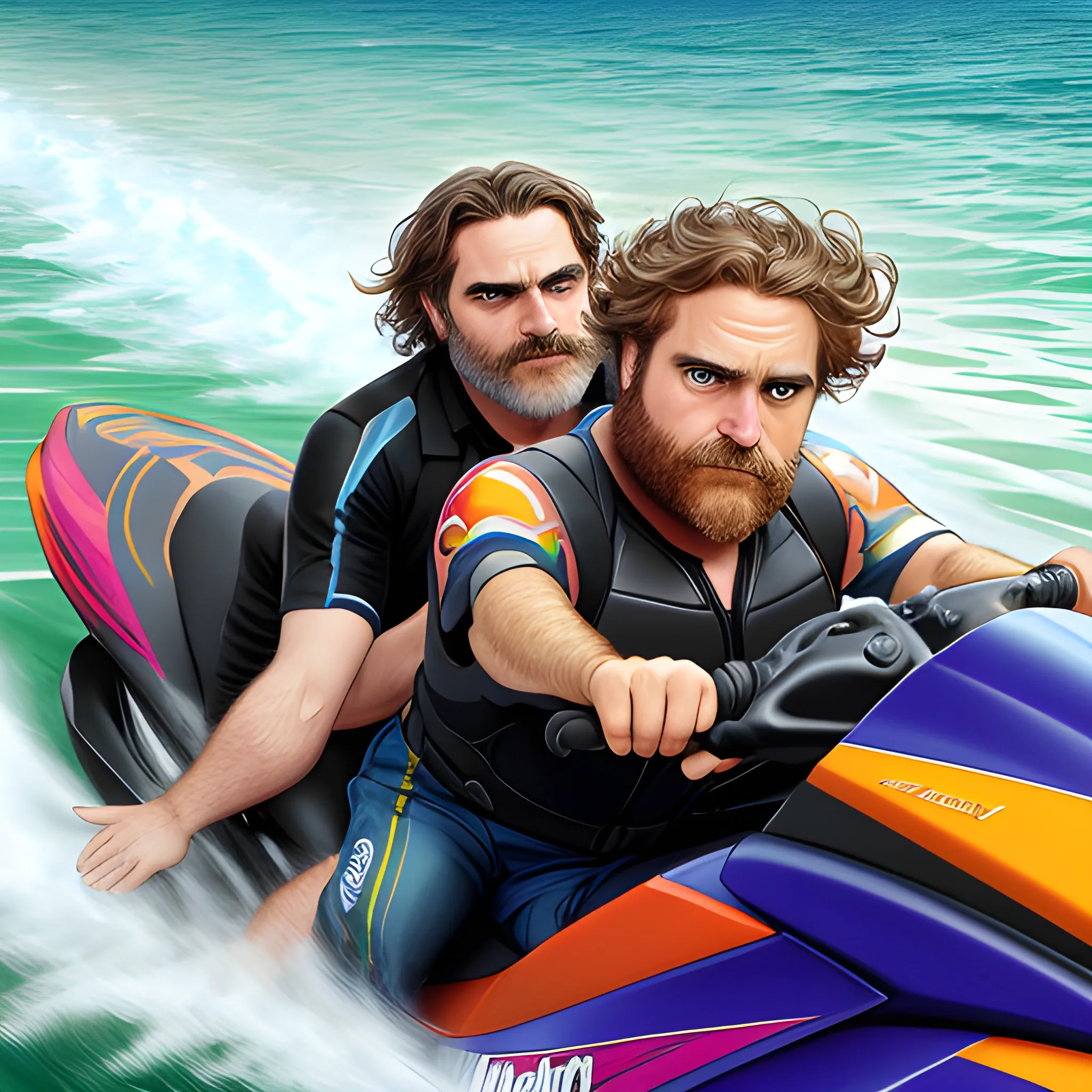 Joaquin Phoenix and Zach Galifianakis on a jetski; highly detailed faces, modern American; by Lisa Frank, Daniel Gerhartz, Phil Noto art, Mucha, Manara; hyper-detailed, hyper-realistic, sharp focus; symmetrical face; textured shading, subtractive lighting, Unreal Engine, 3D