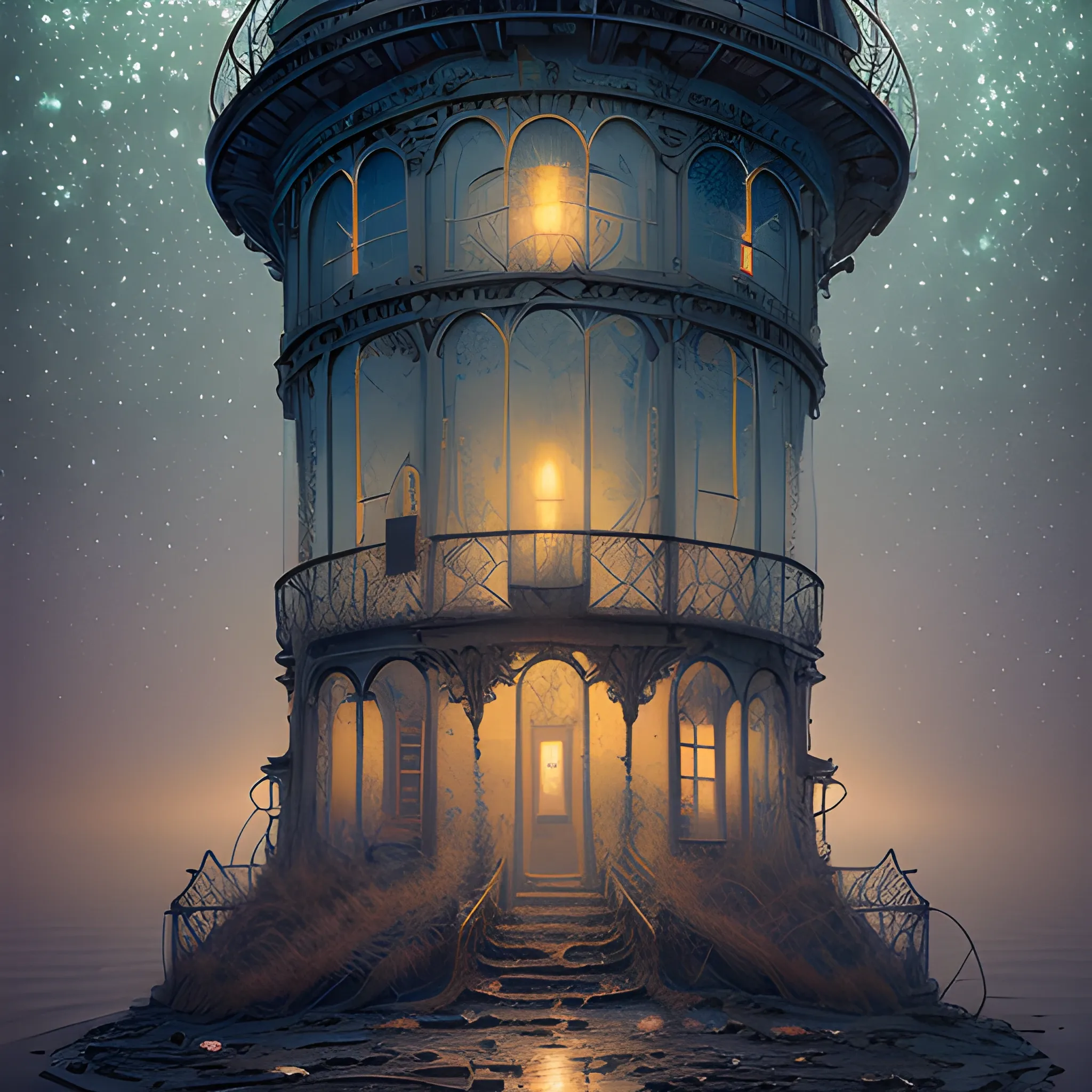 an abandoned lighthouse, Life After People, dark, unlit, abandoned, urbex, highly detailed, ethereal fantasy hyperdetailed mist, maximalist matte painting, 16K resolution, polished, realistic oil painting; James R. Eads, Victorian era portrait painting, old fashioned, vintage, antique, beautiful, 3D