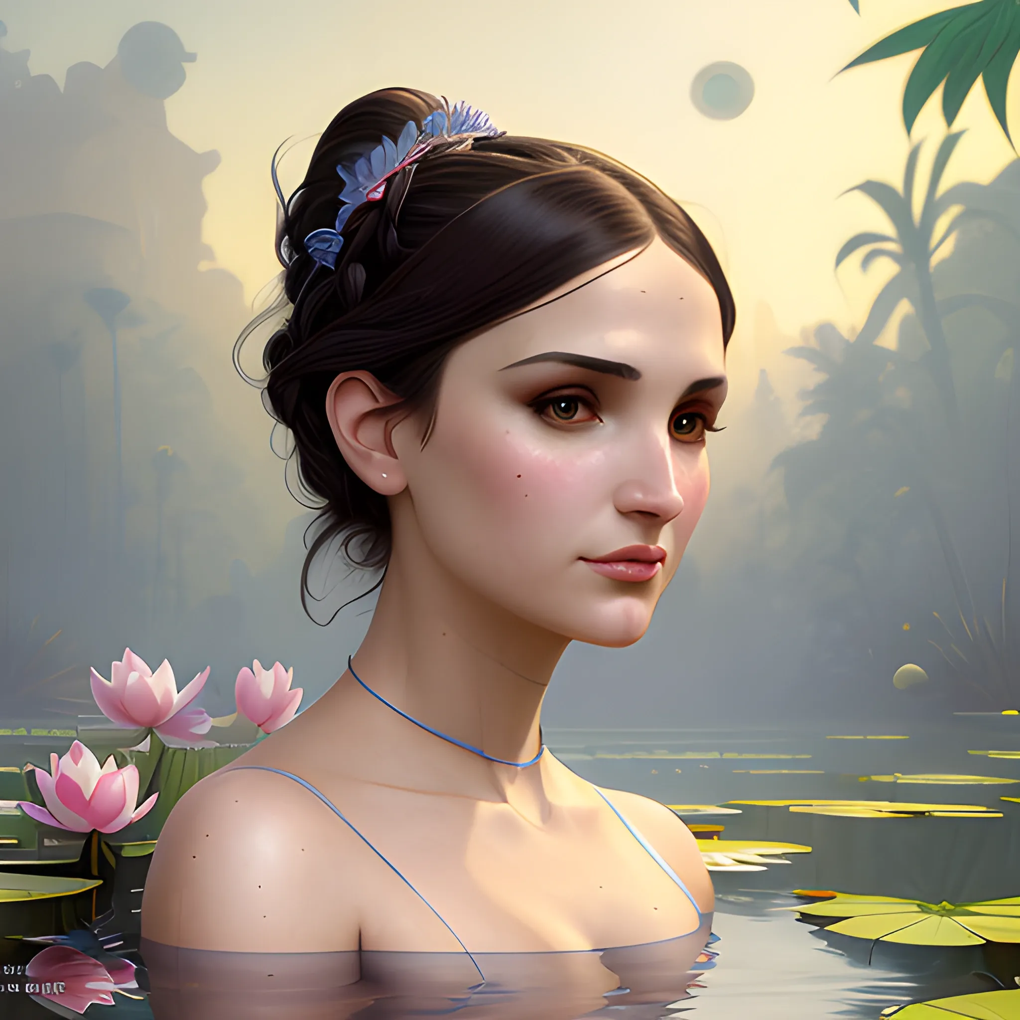 Rachel Leigh Cook at a lotus pond; highly detailed beautiful face; glitter, renaissance; high contrast, pastel, sorbet, pearlescent, underwater, surreal, Unreal Engine 5; by Dan Parent, Alphonse Mucha, Artgerm, WLOP, intricately detailed, fantasy, bizarre, beautiful, Chromolithography, Soft Shading, Unreal Engine; digital painting, smooth, sharp focus, illustration, art by lisa frank, Steve Goad, Frank Frazetta, William-Adolphe Bouguereau, Unreal Engine 5, Cartoon, 3D, Oil Painting, 3D