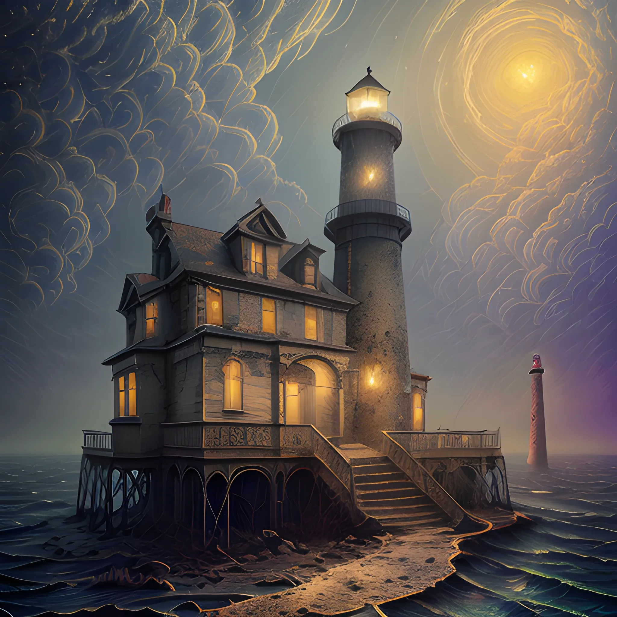 an abandoned lighthouse, Life After People, dark, unlit, abandoned, urbex, highly detailed, ethereal fantasy hyperdetailed mist, maximalist matte painting, 16K resolution, polished, realistic oil painting; James R. Eads, Victorian era portrait painting, old fashioned, vintage, antique, beautiful, 3D