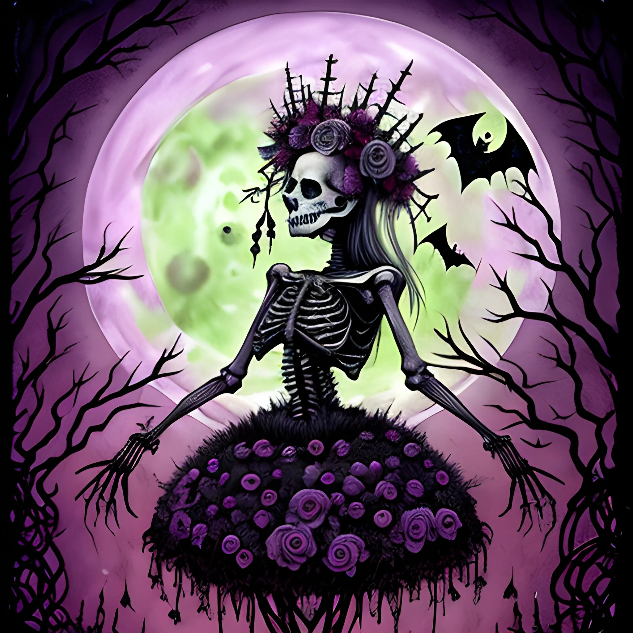 a skeleton ballerina wearing a thorny crown of black roses and weeping black tears, Halloween, pumpkins, ravens, spiders, bats, full moon in a nebula sky, watercolor, neon acrylic paint, purple, orange, green, fantastical surrealist world, in the style of Stephen Gammell, extremely detailed Zentangle style, sick, gothic, eldritch, candles, Halloween, 3D