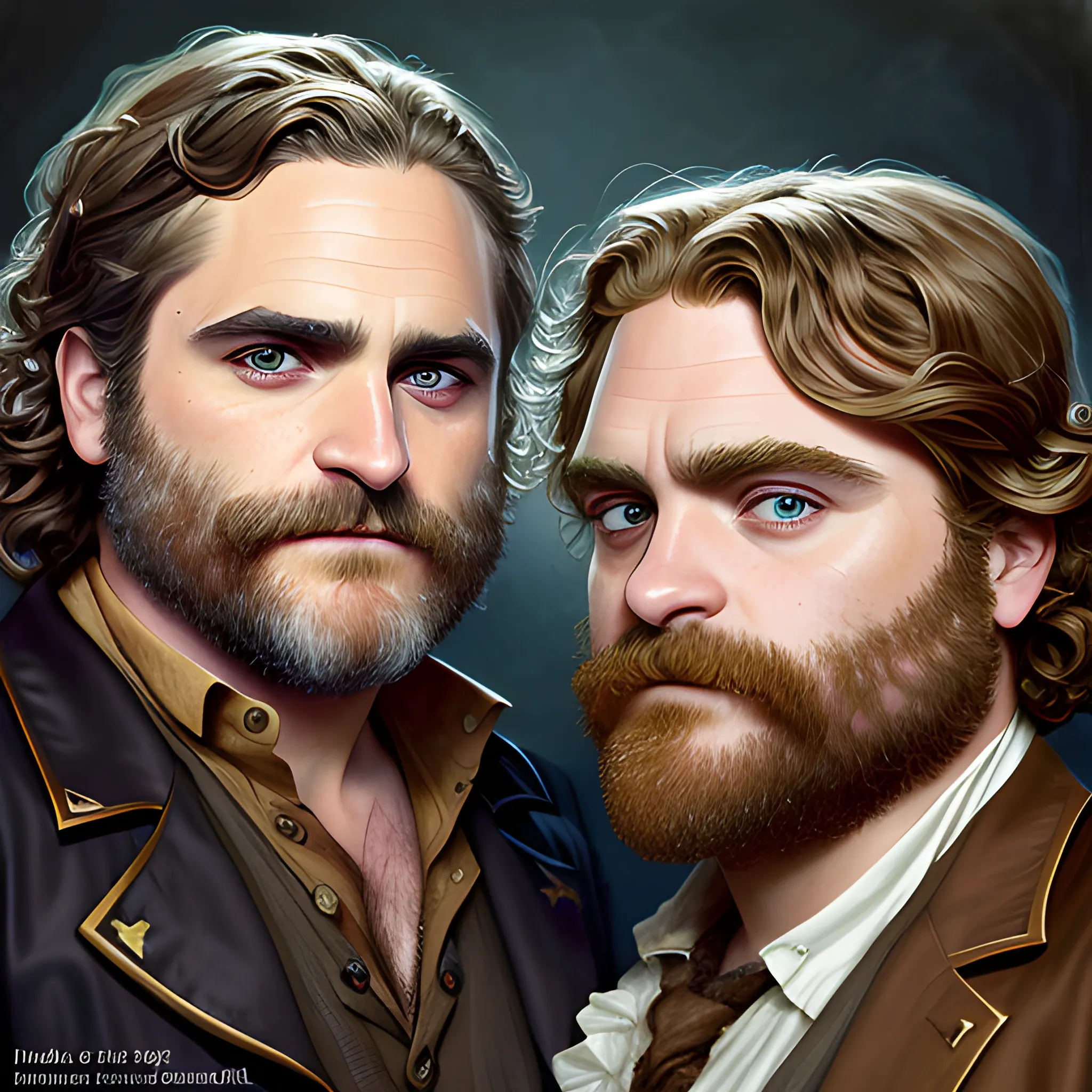 Joaquin Phoenix and Zach Galifianakis doing cosplay as pirates, highly detailed faces, modern American; by Lisa Frank, Daniel Gerhartz, Phil Noto art, Mucha, Manara; hyper-detailed, hyper-realistic, sharp focus; symmetrical face; textured shading, subtractive lighting, Unreal Engine, 3D