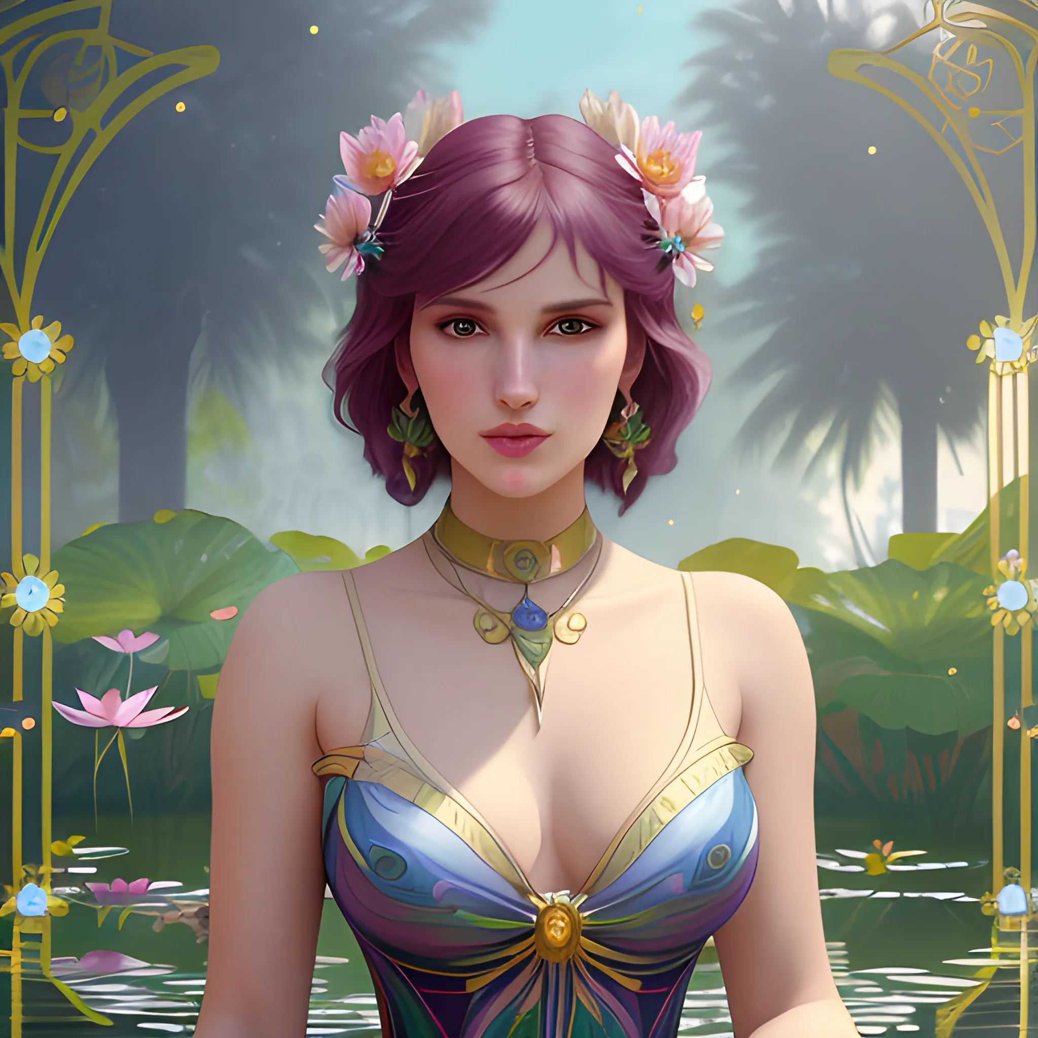 Bella Thorne at a lotus pond; highly detailed beautiful face; glitter, renaissance; high contrast, pastel, sorbet, pearlescent, Unreal Engine 5; by Dan Parent, Alphonse Mucha, Artgerm, WLOP, intricately detailed, fantasy, bizarre, beautiful, Chromolithography, Soft Shading, Unreal Engine; digital painting, smooth, sharp focus, illustration, art by lisa frank, Steve Goad, Frank Frazetta, William-Adolphe Bouguereau, Unreal Engine 5, Cartoon, 3D, Oil Painting, 3D