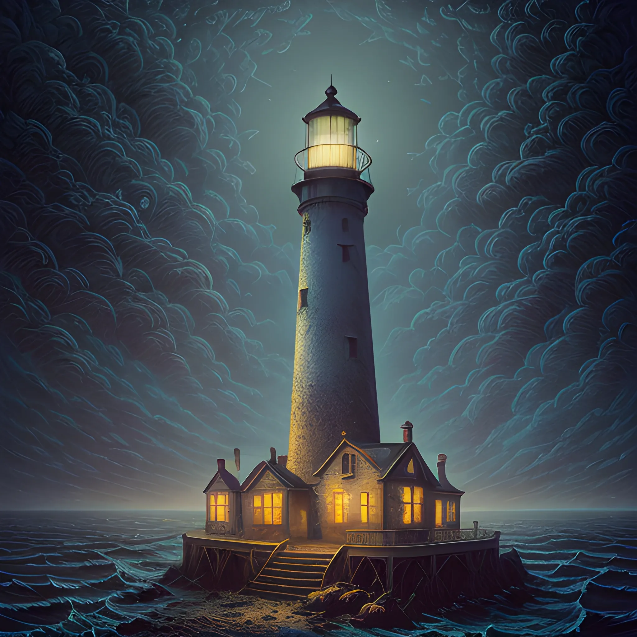 an abandoned lighthouse, Life After People, dark, unlit, abandoned, urbex, highly detailed, ethereal fantasy hyperdetailed mist, maximalist matte painting, 16K resolution, polished, realistic oil painting; James R. Eads, Victorian era portrait painting, old fashioned, vintage, antique, beautiful, 3D