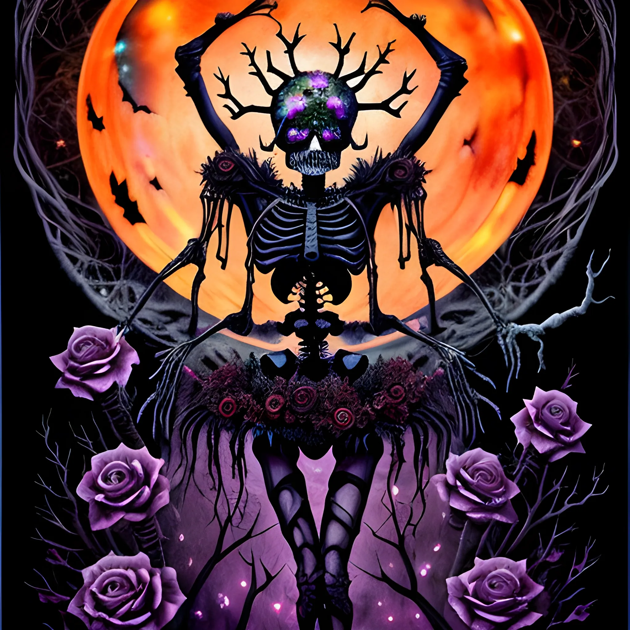 a skeleton ballerina wearing a thorny crown of black roses and weeping black tears, Halloween, pumpkins, ravens, spiders, bats, full moon in a nebula sky, watercolor, neon acrylic paint, purple, orange, green, fantastical surrealist world, in the style of Stephen Gammell, extremely detailed Zentangle style, sick, gothic, eldritch, candles, Halloween, 3D