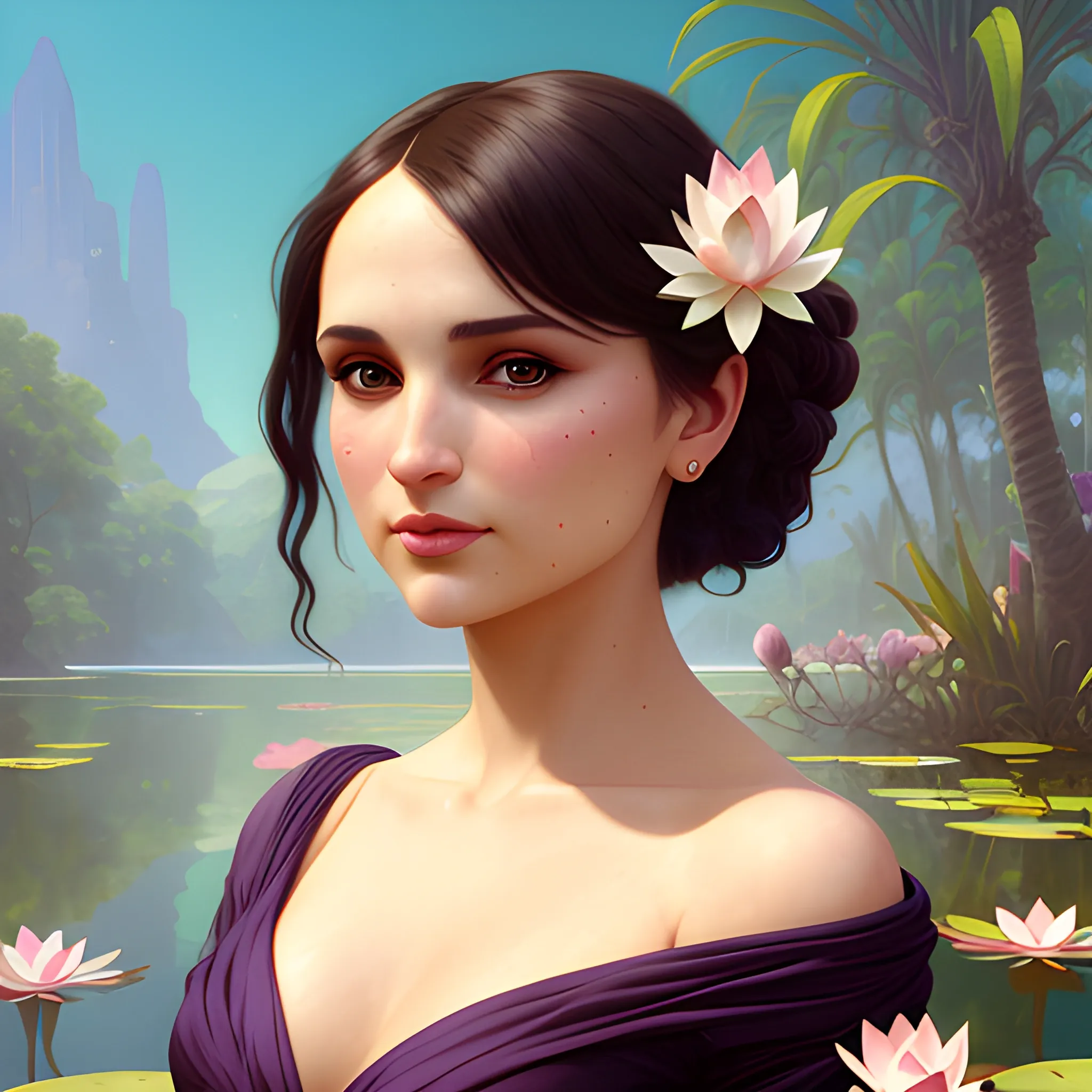 Rachel Leigh Cook at a lotus pond; highly detailed beautiful face; glitter, renaissance; high contrast, pastel, sorbet, pearlescent, underwater, surreal, Unreal Engine 5; by Dan Parent, Alphonse Mucha, Artgerm, WLOP, intricately detailed, fantasy, bizarre, beautiful, Chromolithography, Soft Shading, Unreal Engine; digital painting, smooth, sharp focus, illustration, art by lisa frank, Steve Goad, Frank Frazetta, William-Adolphe Bouguereau, Unreal Engine 5, Cartoon, 3D, Oil Painting, 3D