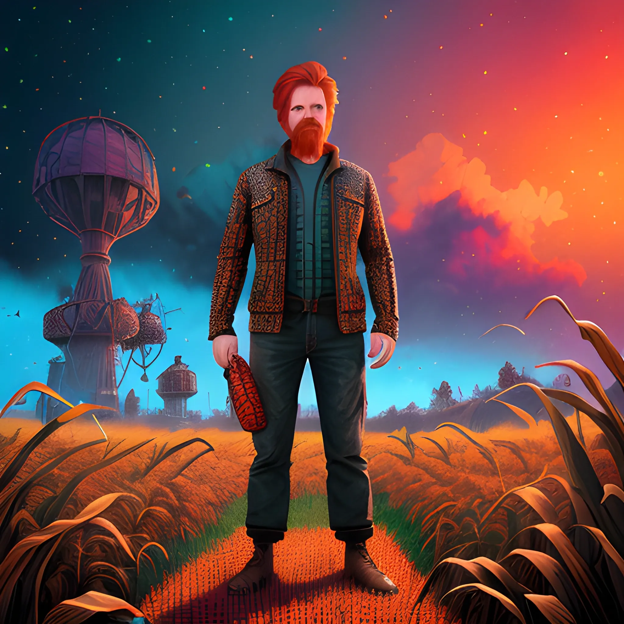 male actor Courtney Gains, his highly detailed handsome face, meticulously detailed multi-hued red hair, hyperdetailed farm clothing, standing in 8 foot tall corn, cornfield, corncobs, nebula sky; by James R. Eads, Fausto-Giurescu, Tania Rivilis, Renata-s-art, Dan Mumford; muted colors, bleak desolation, airbrush, depth of field, volumetric lighting, deep color, underground comix, 3D