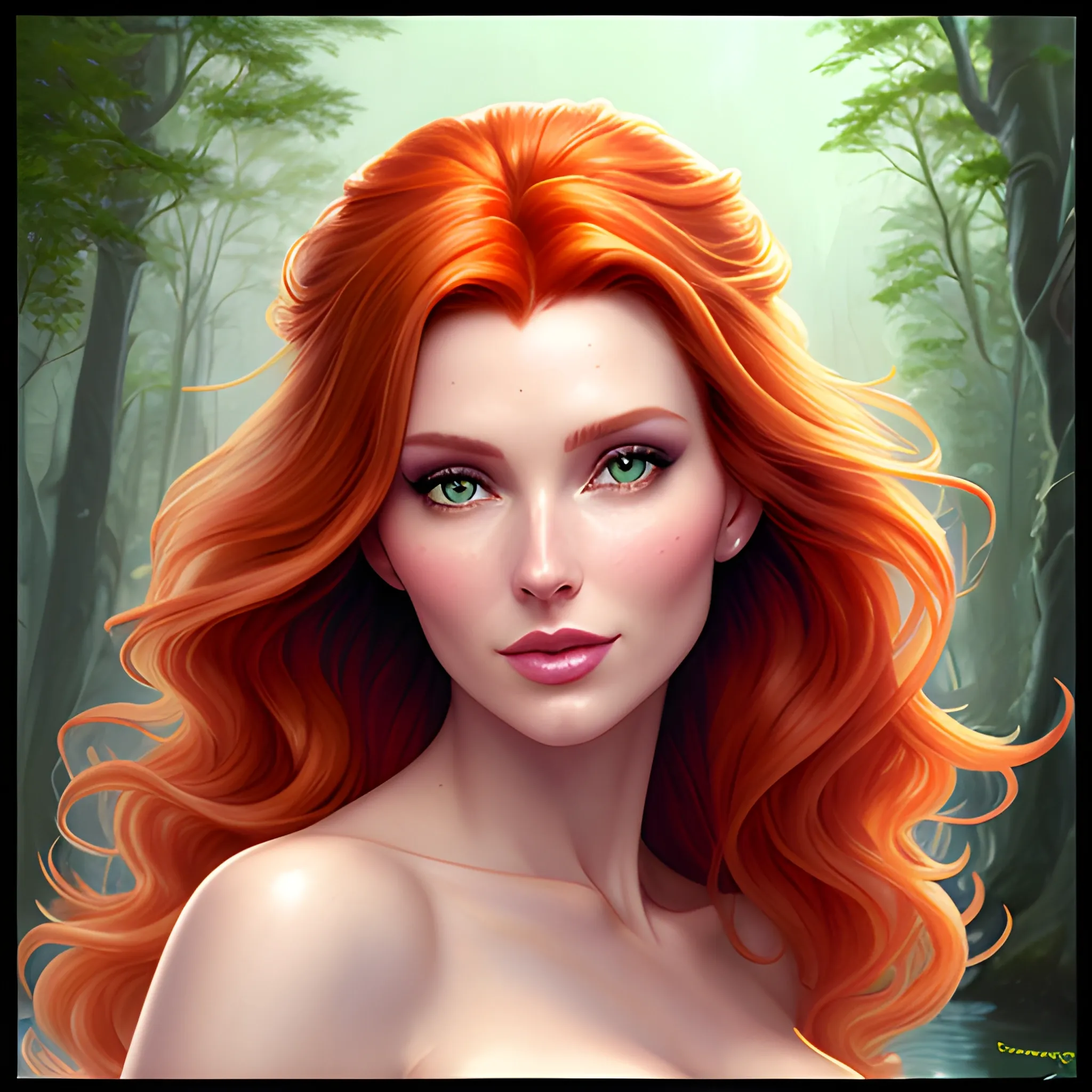 Elsa Hosk / Shanina Sheik / Robyn Lively face morph in a deep green pine tree forest; red hair, green eyes, highly detailed beautiful face; glitter, high contrast, pastel, sorbet, pearlescent, by Dan Parent, Artgerm, WLOP, intricately detailed, fantasy, beautiful, Chromolithography, Soft Shading, Unreal Engine; digital painting, smooth, sharp focus, illustration, art by lisa frank, Steve Goad, Frank Frazetta, William-Adolphe Bouguereau, Unreal Engine 5, Cartoon, 3D, Oil Painting, lotus pond