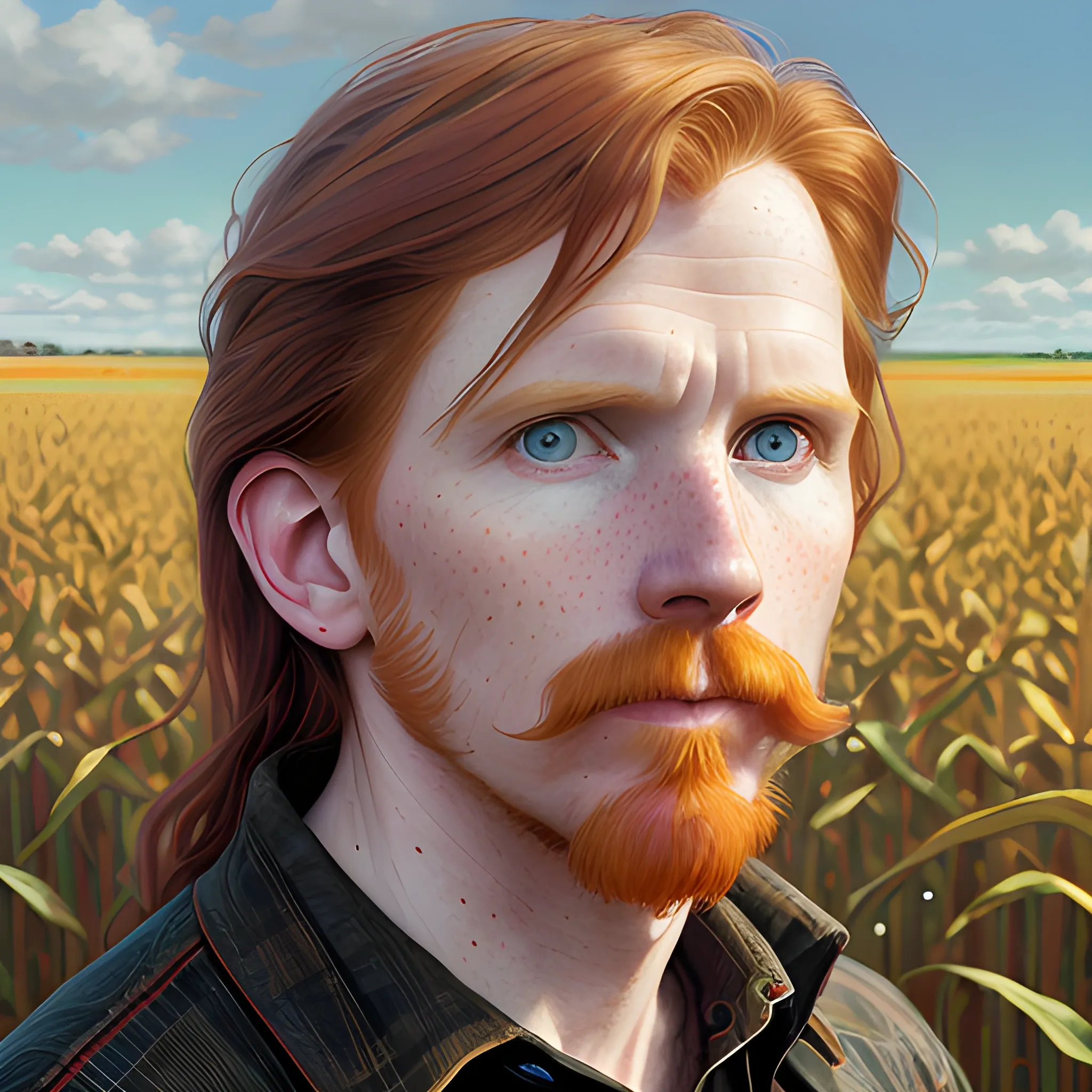 Courtney Gains, at a cornfield, highly detailed softly freckled face, dark red long feathered hair, modern American; by Lisa Frank, Daniel Gerhartz, Phil Noto art, Mucha, Manara; hyper-detailed, hyper-realistic, sharp focus; symmetrical face; textured shading, subtractive lighting, Unreal Engine